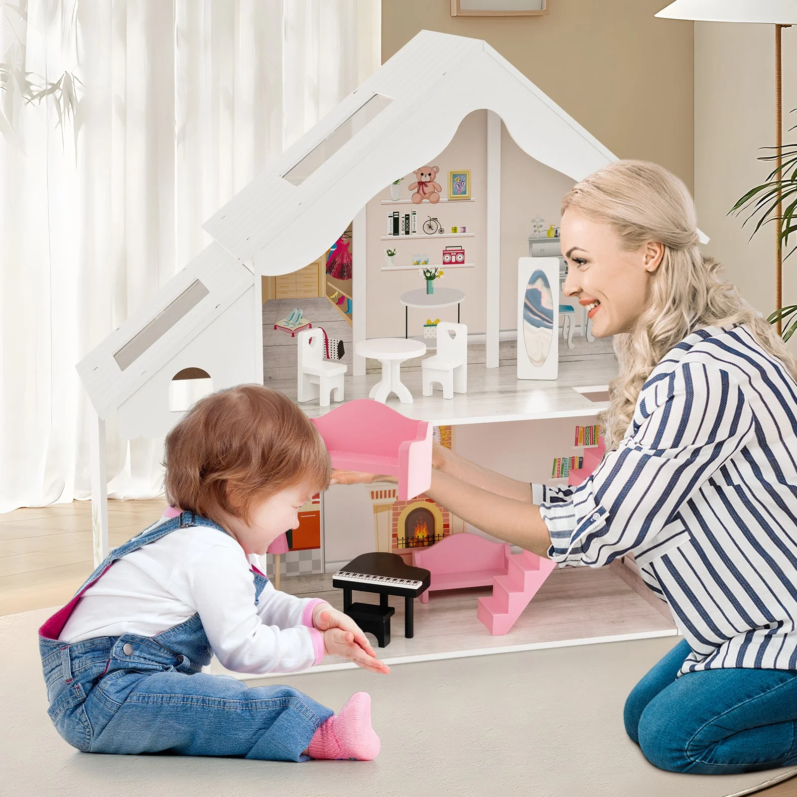Semi-Opened DIY Dollhouse with Simulated Rooms and Furniture Set-White - Image 2