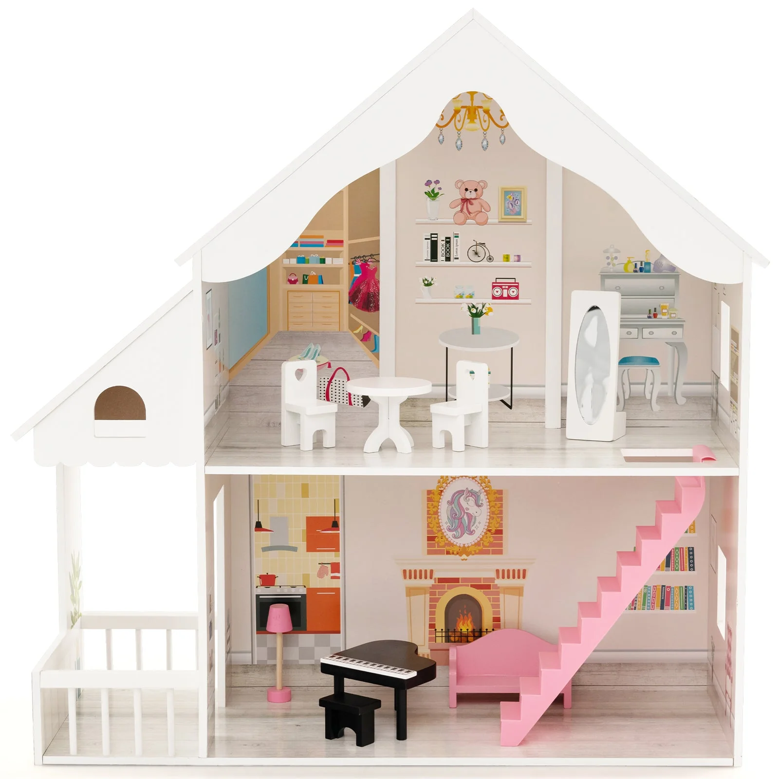 Semi-Opened DIY Dollhouse with Simulated Rooms and Furniture Set-White - Image 3