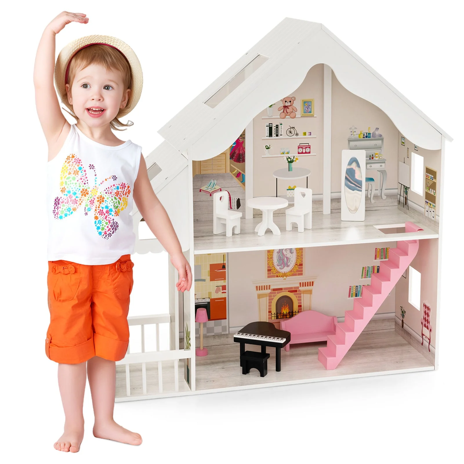 Semi-Opened DIY Dollhouse with Simulated Rooms and Furniture Set-White - Image 4