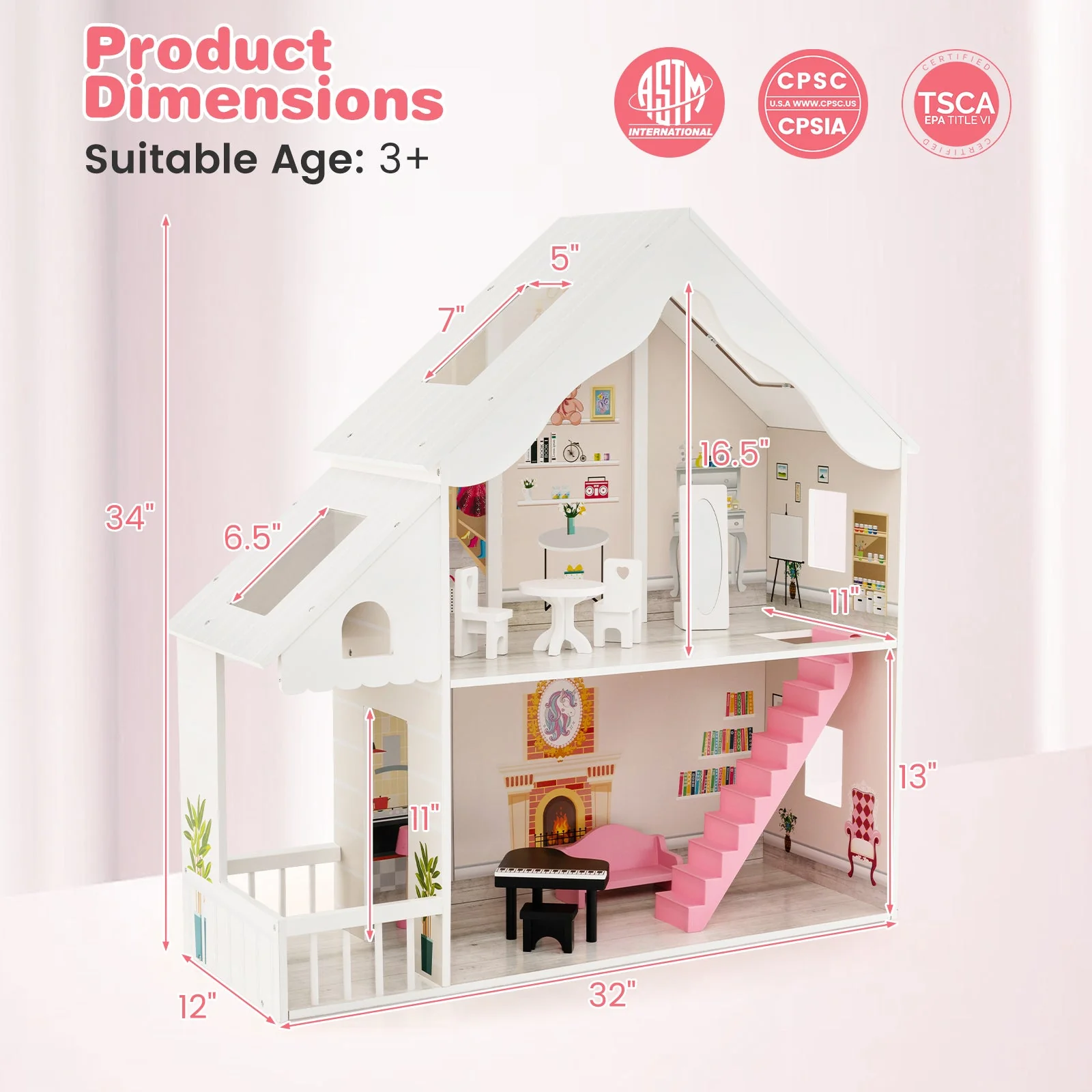 Semi-Opened DIY Dollhouse with Simulated Rooms and Furniture Set-White - Image 5