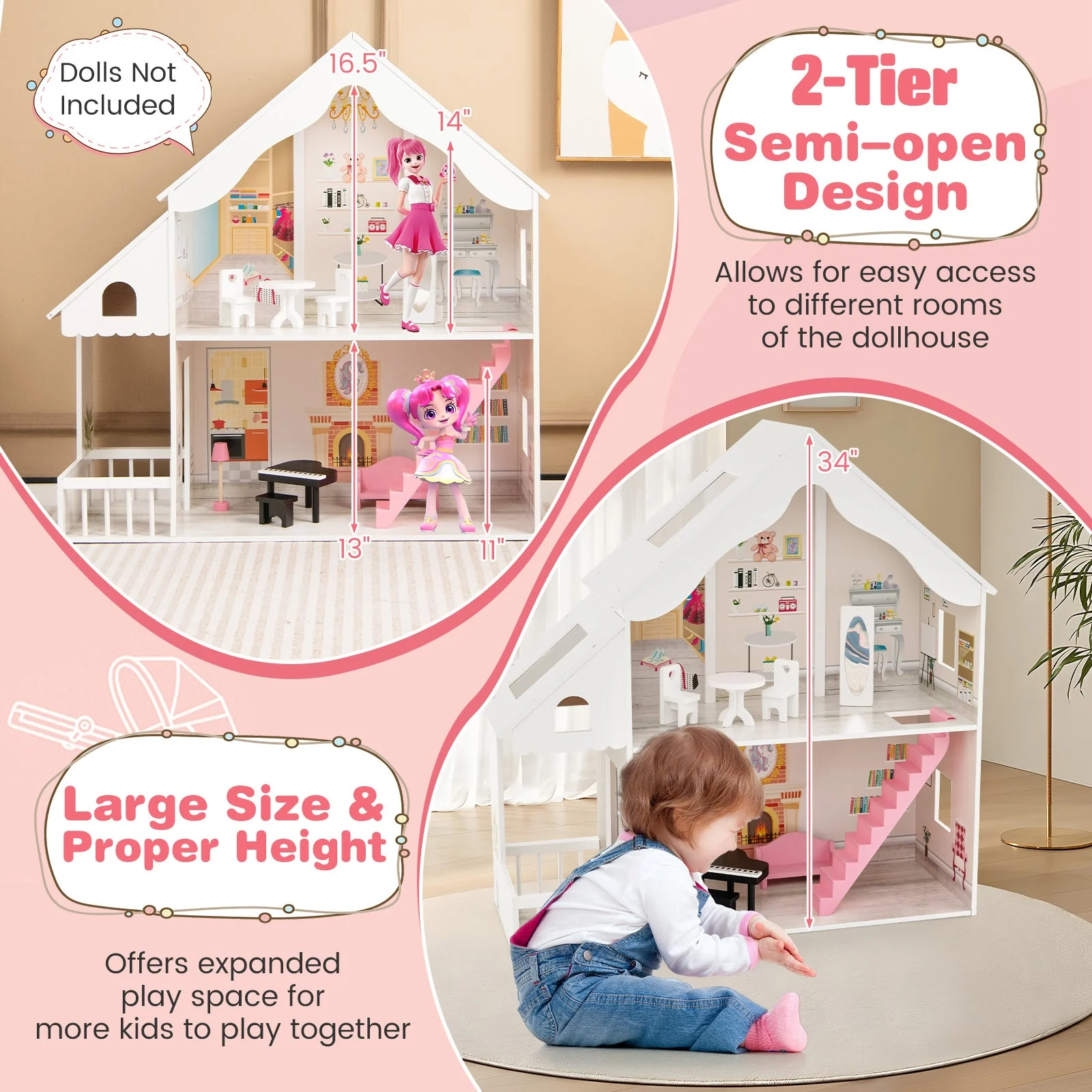 Semi-Opened DIY Dollhouse with Simulated Rooms and Furniture Set-White - Image 7
