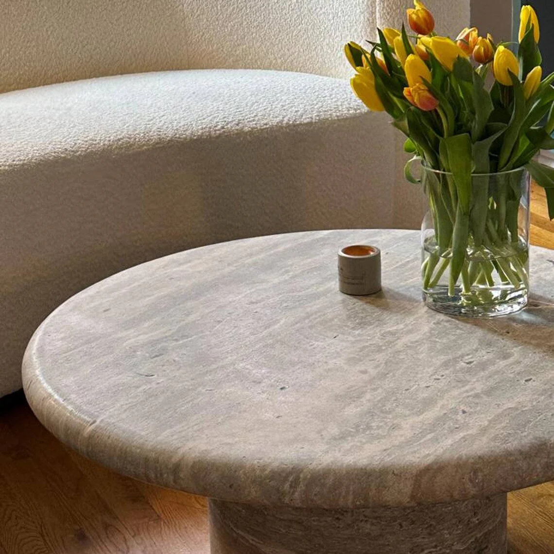 Silver Travertine Vein-cut Round Honed 2" Tabletop Coffee Table (D)36" (H)16" - Image 2