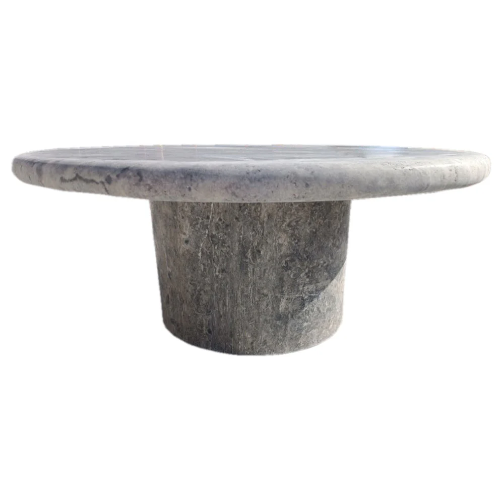Silver Travertine Vein-cut Round Honed 2" Tabletop Coffee Table (D)36" (H)16" - Image 3