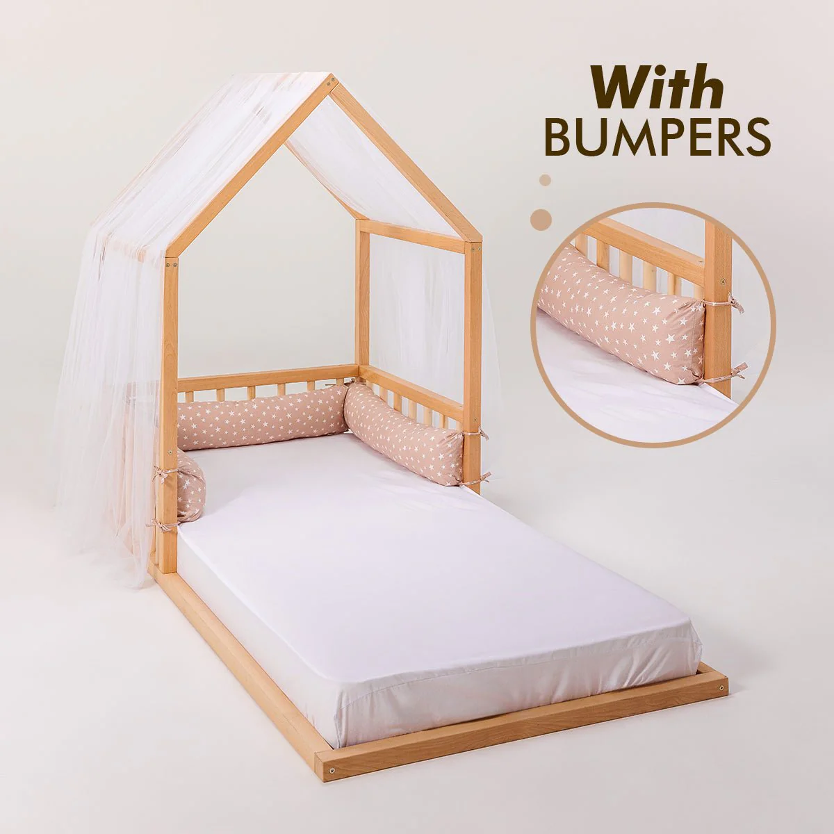 Small Wooden Montessori House Floor Bed with Fence and Roof for Kids (75x38 inch) - Image 11