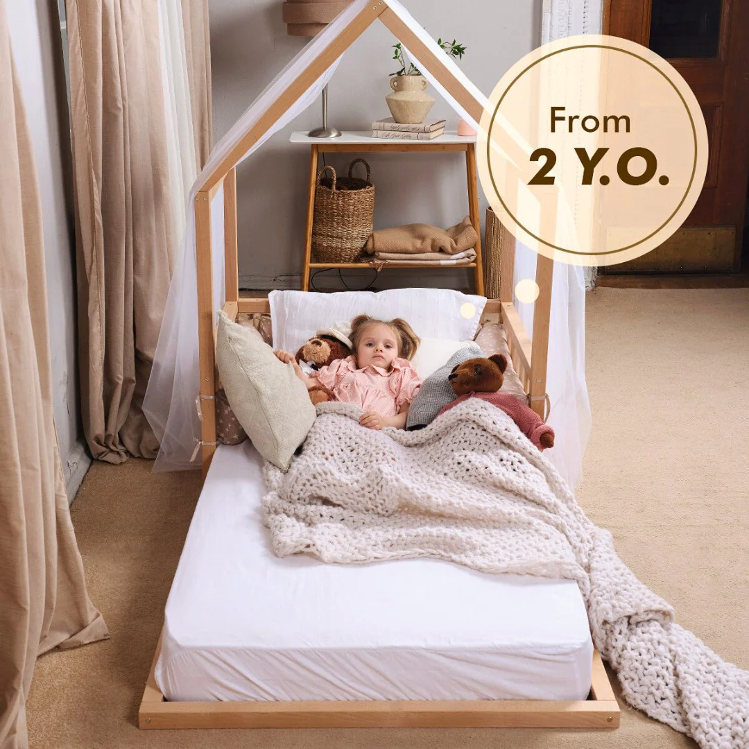 Small Wooden Montessori House Floor Bed with Fence and Roof for Kids (75x38 inch) - Image 2