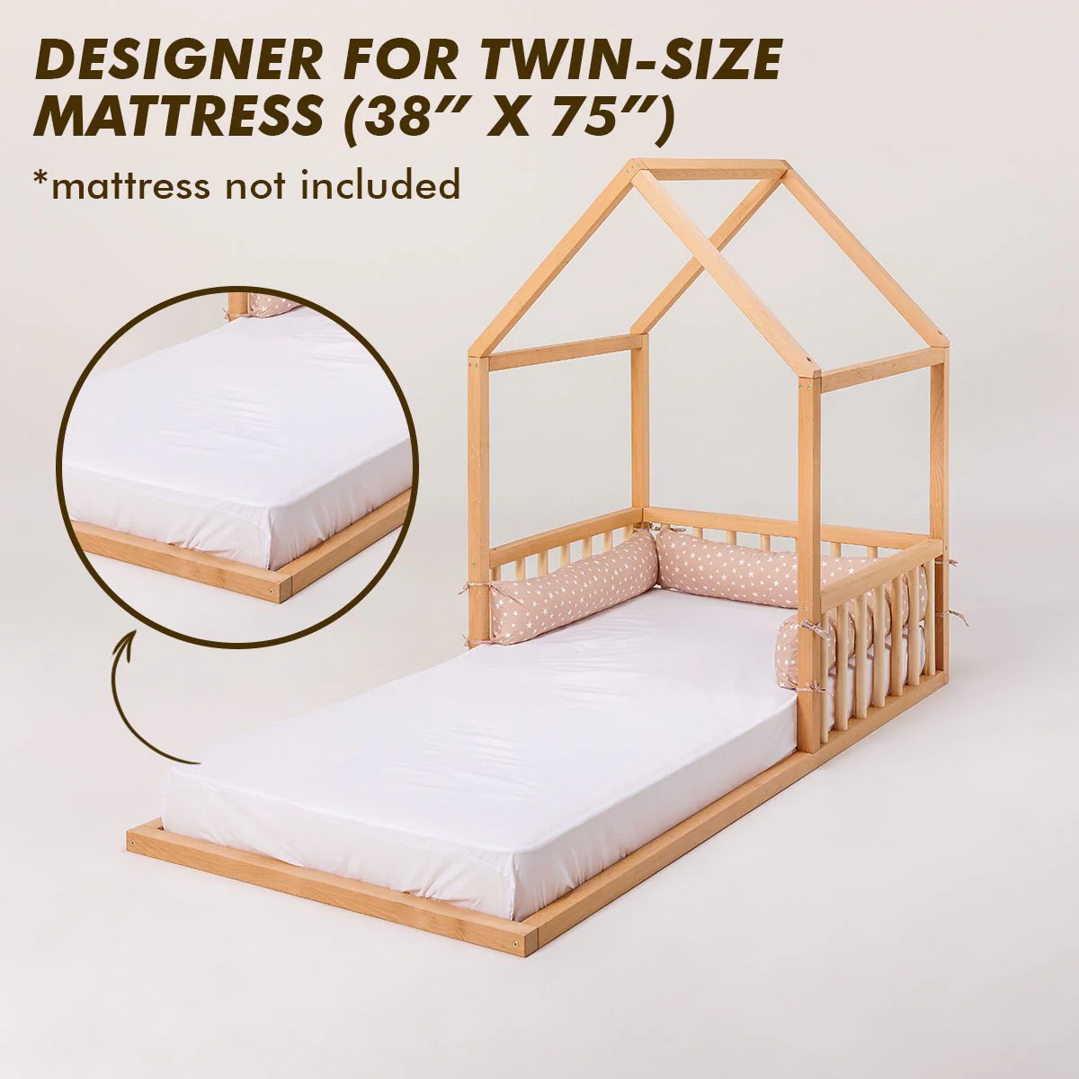 Small Wooden Montessori House Floor Bed with Fence and Roof for Kids (75x38 inch) - Image 3