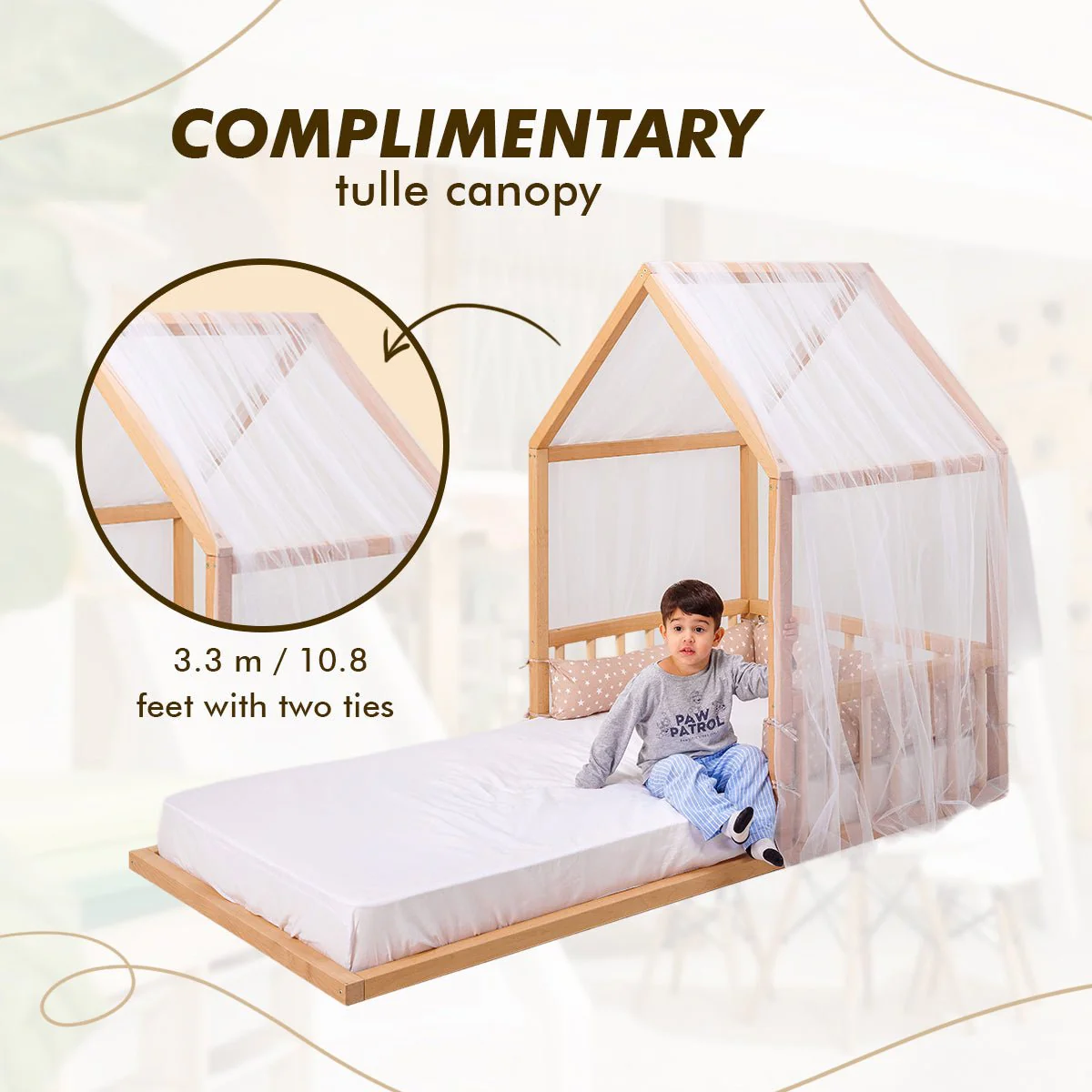 Small Wooden Montessori House Floor Bed with Fence and Roof for Kids (75x38 inch) - Image 4