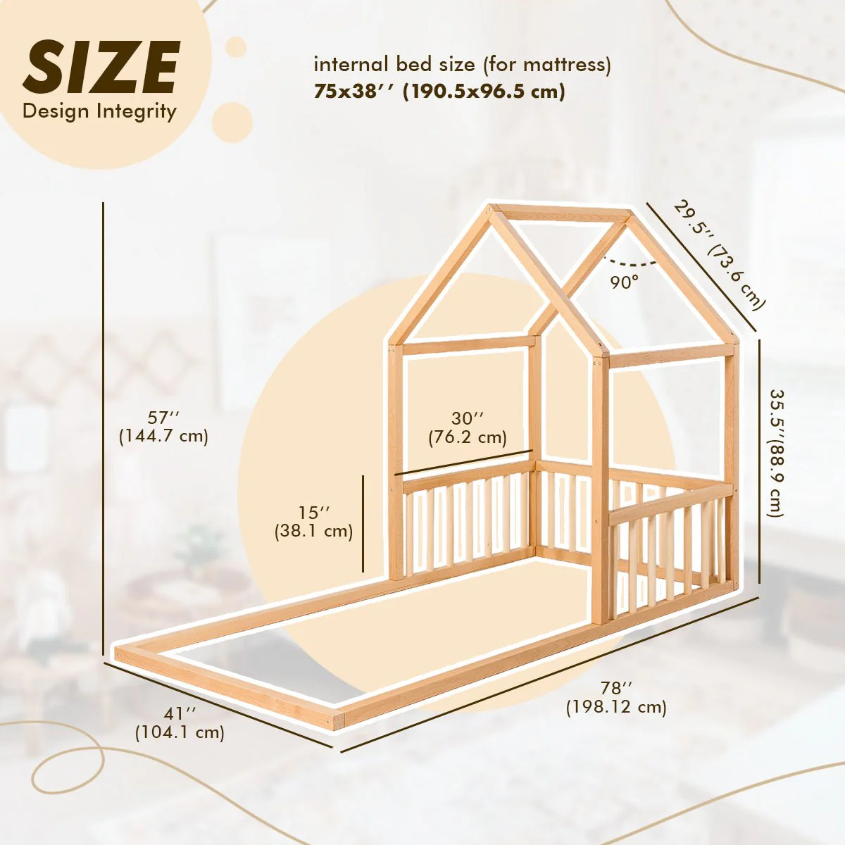 Small Wooden Montessori House Floor Bed with Fence and Roof for Kids (75x38 inch) - Image 6