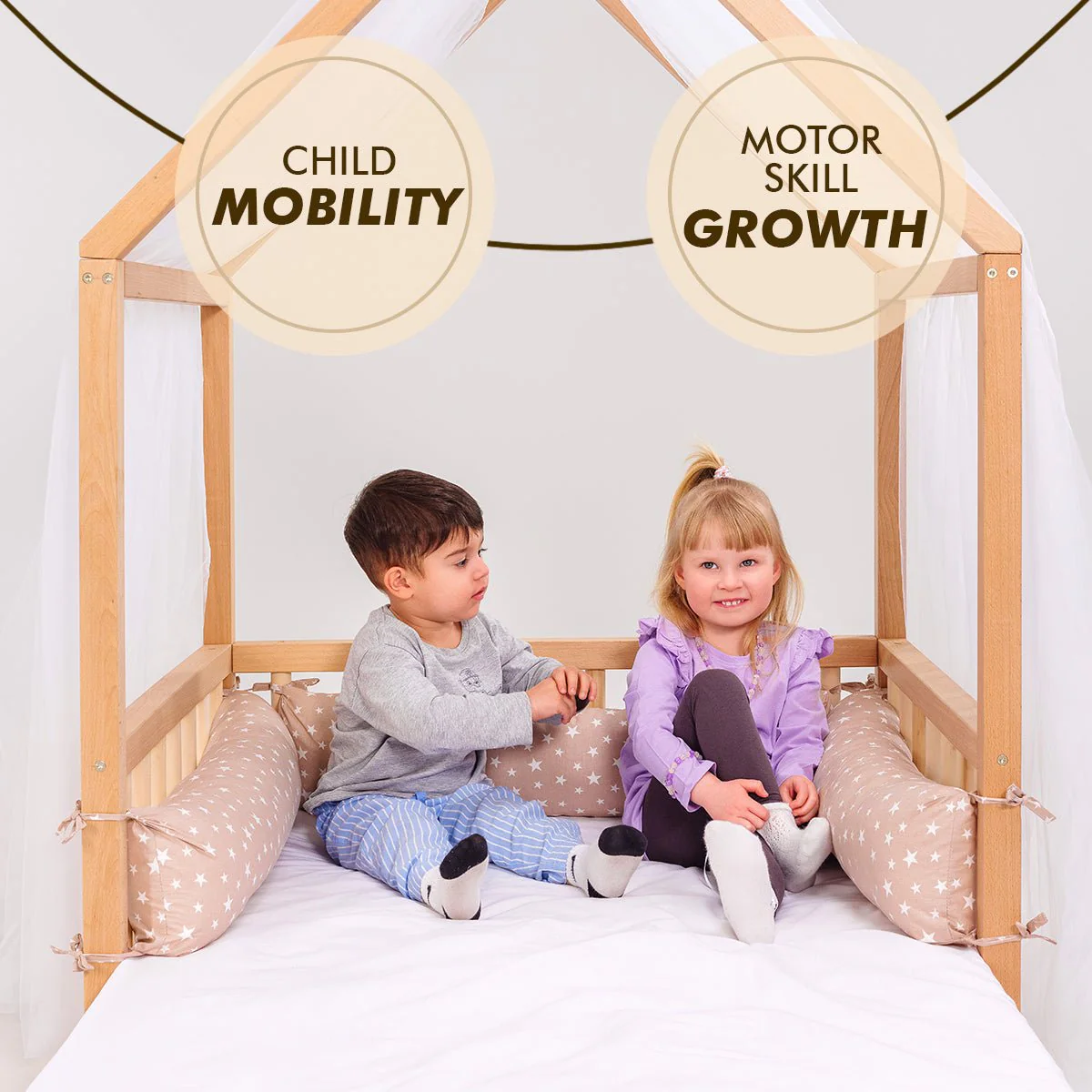 Small Wooden Montessori House Floor Bed with Fence and Roof for Kids (75x38 inch) - Image 8