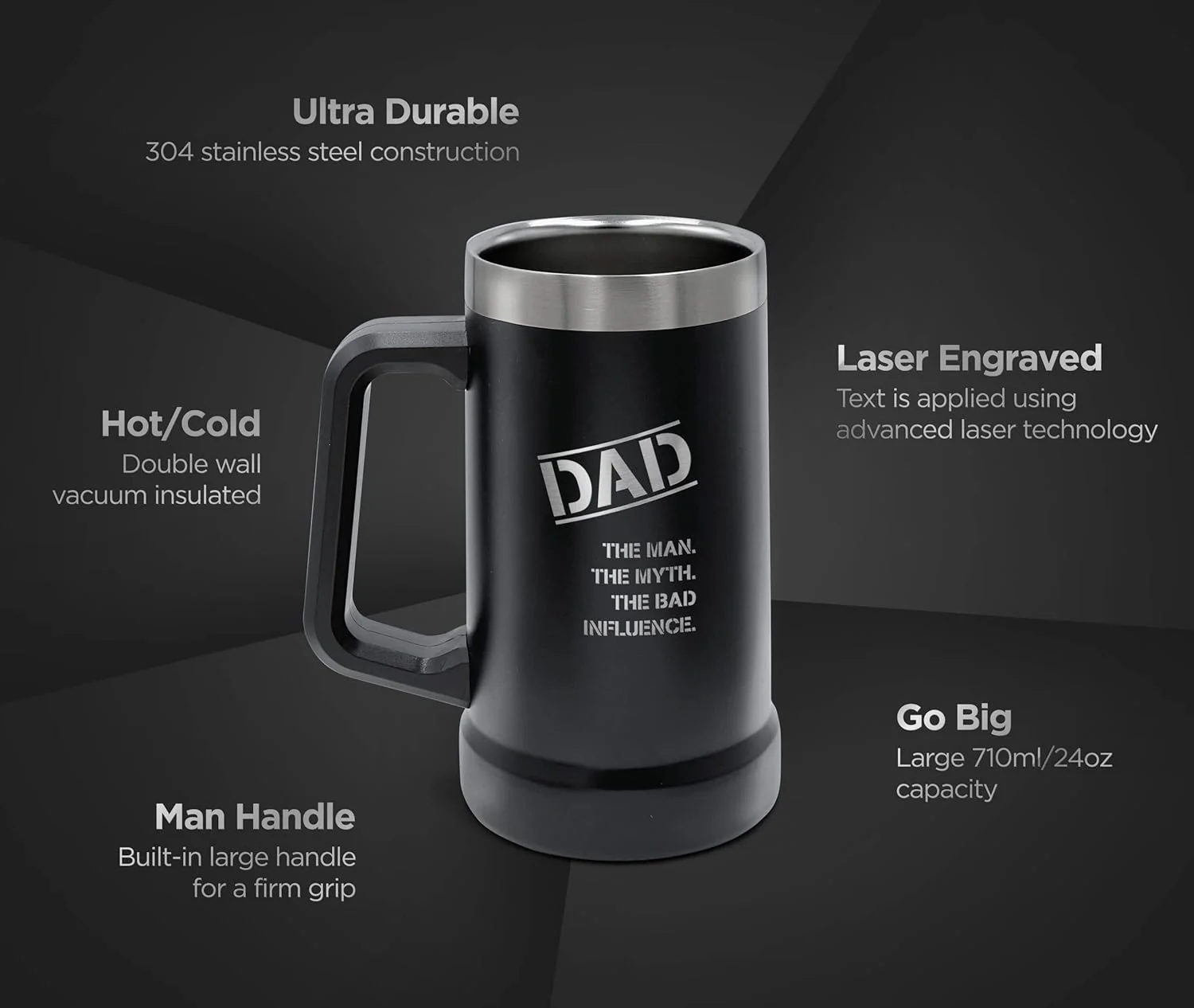 SoHo Funny Beer Mug Gifts for Dad - Stainless Steel Insulated XL 24oz Tumbler Cup with Handle “Dad, Man, Myth, Bad Influence” (Fathers Day/Birthday/Christmas) Gift Boxed - Image 3