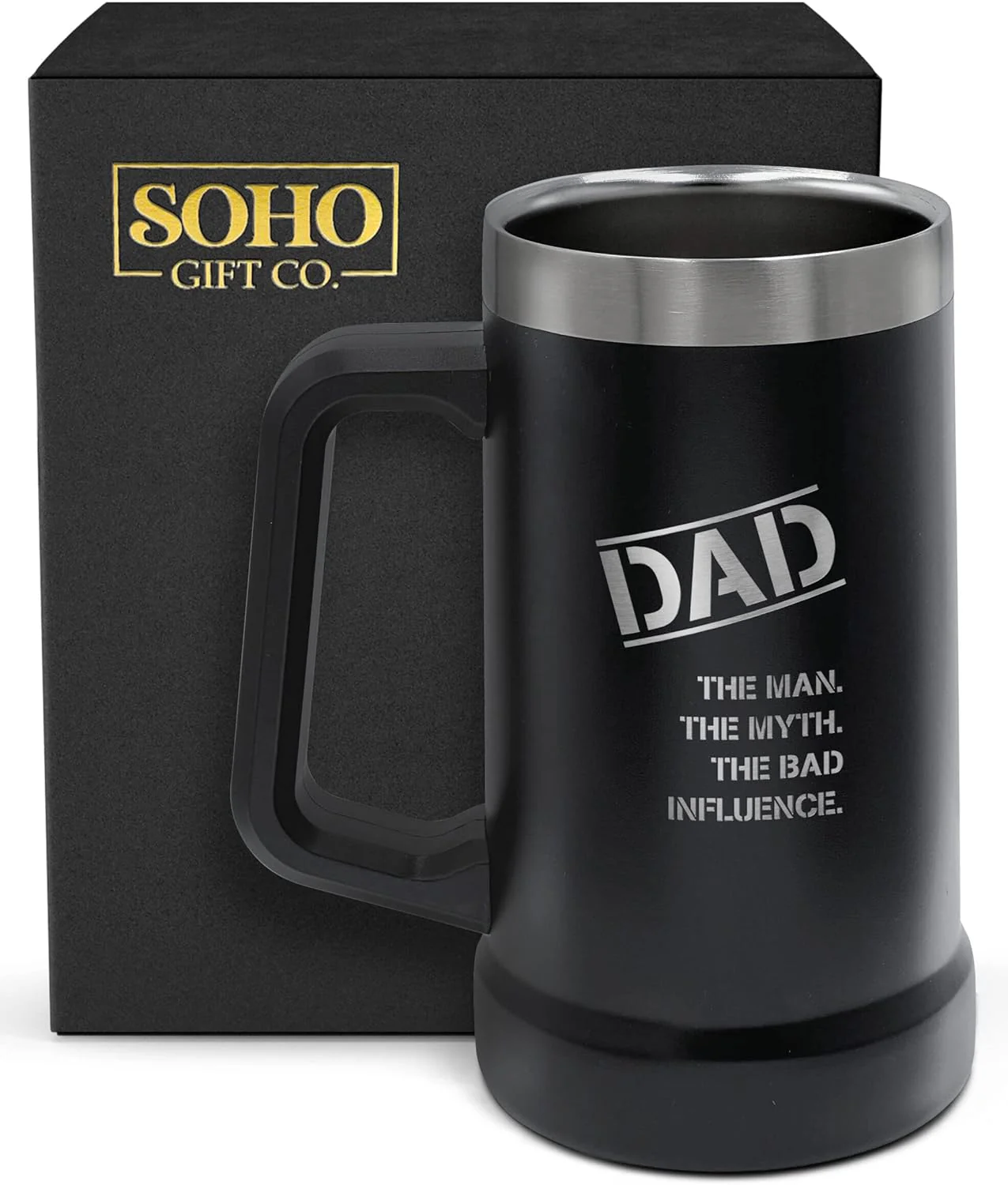 SoHo Funny Beer Mug Gifts for Dad - Stainless Steel Insulated XL 24oz Tumbler Cup with Handle “Dad, Man, Myth, Bad Influence” (Fathers Day/Birthday/Christmas) Gift Boxed - Image 4