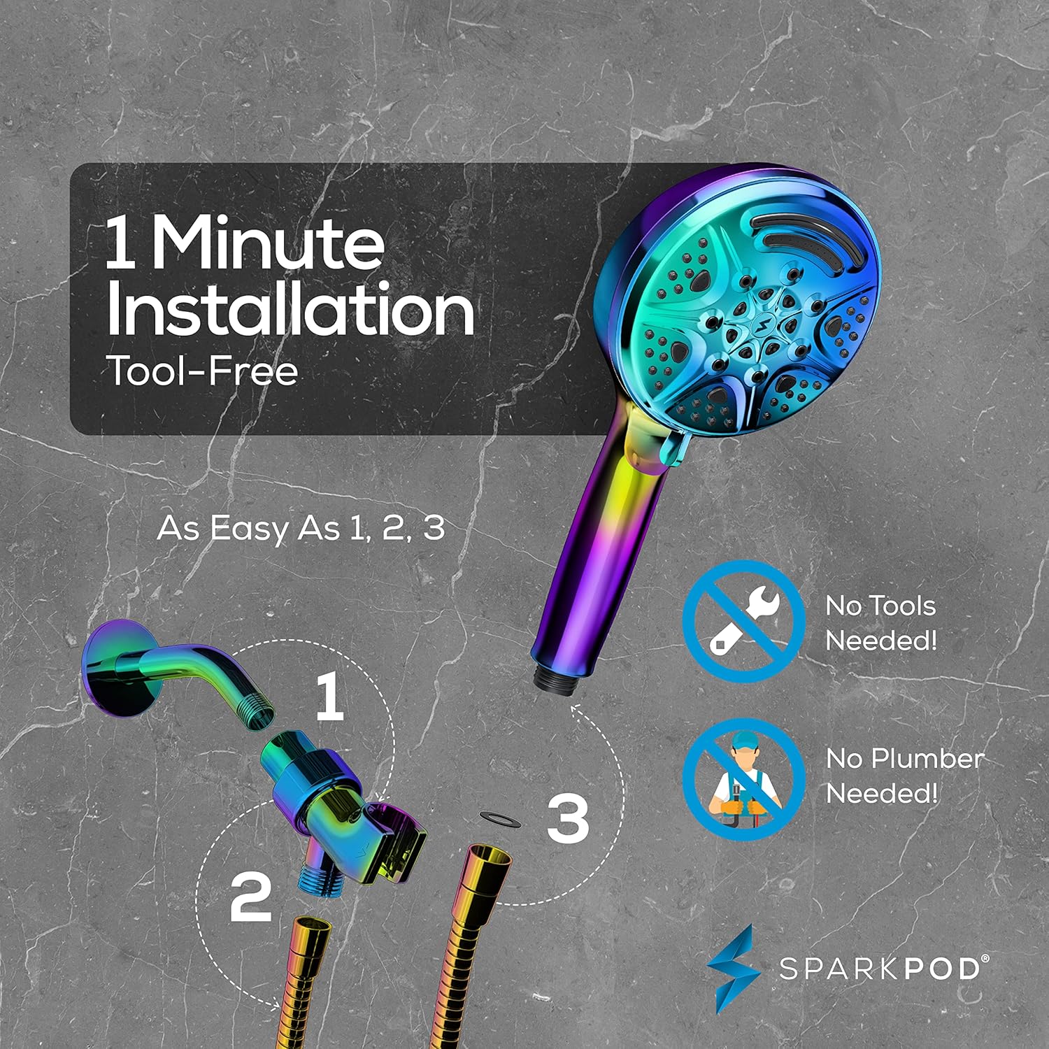 SparkPod 5 Inch 9 Spray Setting Rainbow Handheld Shower Head (Radiant Rainbow) - Image 5