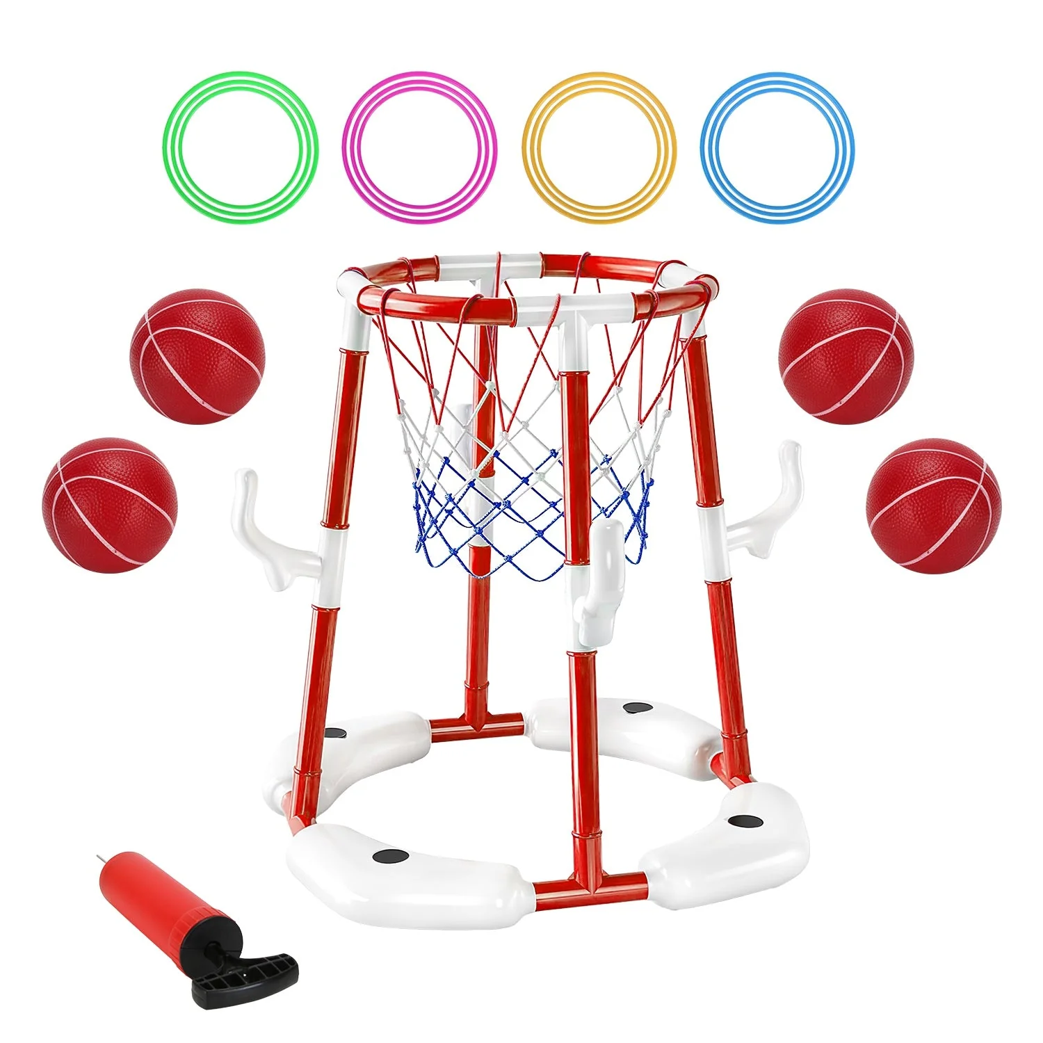 Summer Pool Basketball Hoop Toy Set With 4 Basketballs 4 Circles Pump Floating Swimming Pool Basketball Games Poolside Water Play Toy For 3-12Years Ol - Image 3