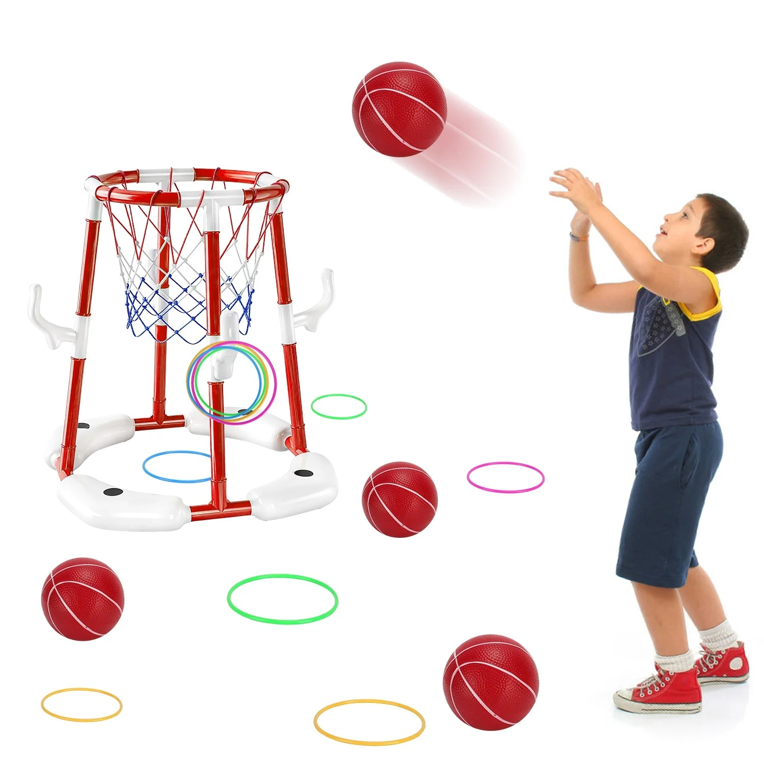 Summer Pool Basketball Hoop Toy Set With 4 Basketballs 4 Circles Pump Floating Swimming Pool Basketball Games Poolside Water Play Toy For 3-12Years Ol - Image 4