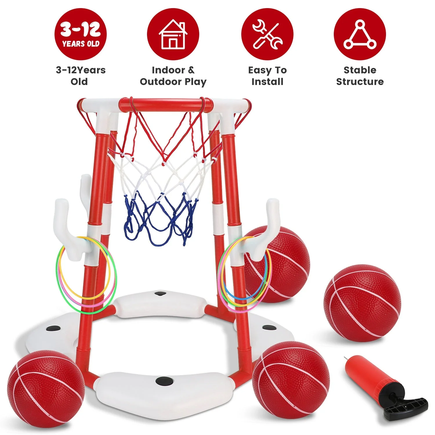 Summer Pool Basketball Hoop Toy Set With 4 Basketballs 4 Circles Pump Floating Swimming Pool Basketball Games Poolside Water Play Toy For 3-12Years Ol - Image 5