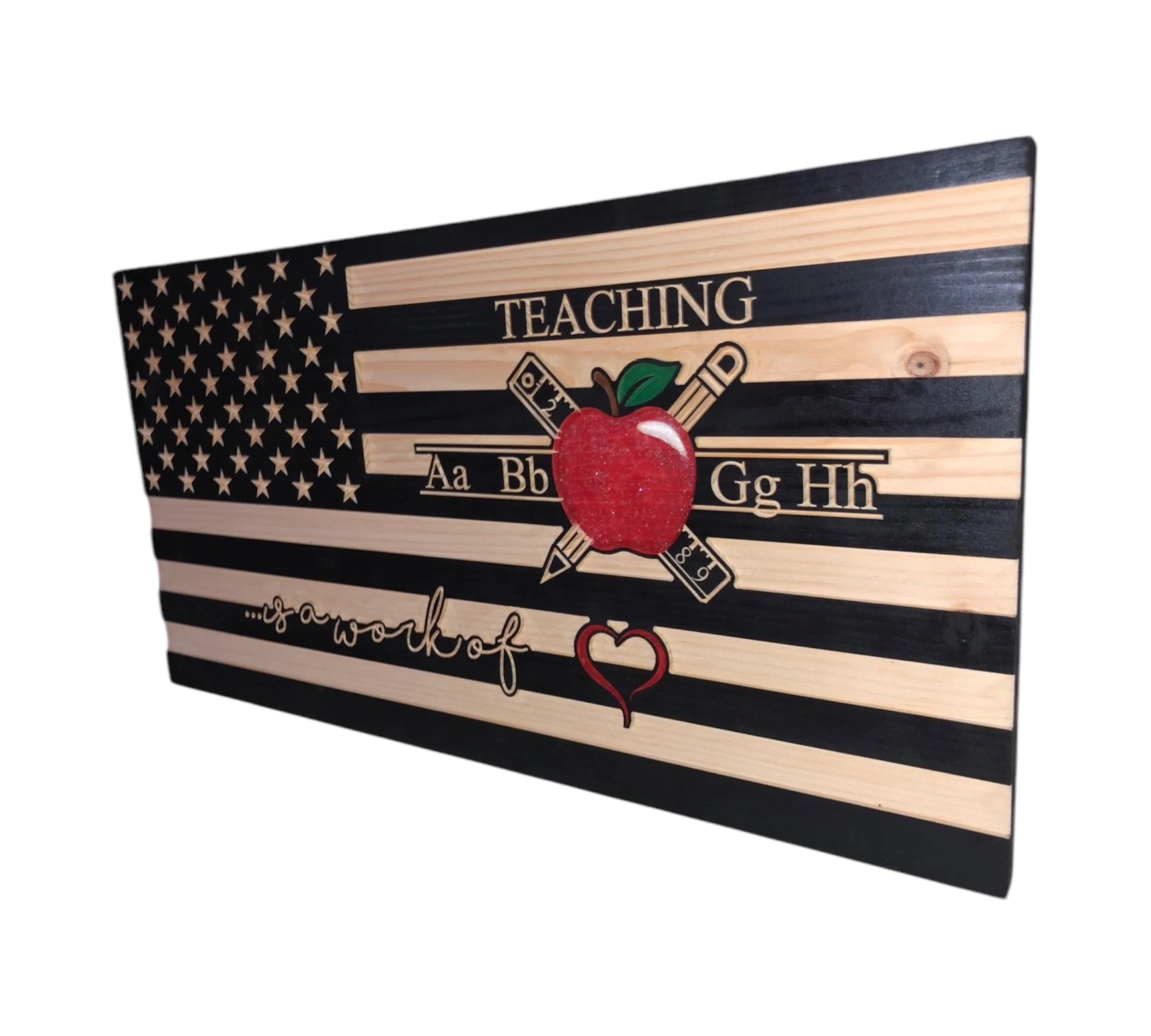 Teacher Appreciation Wooden American Flag with "Teaching is a Work of Heart" Engraving - Image 5