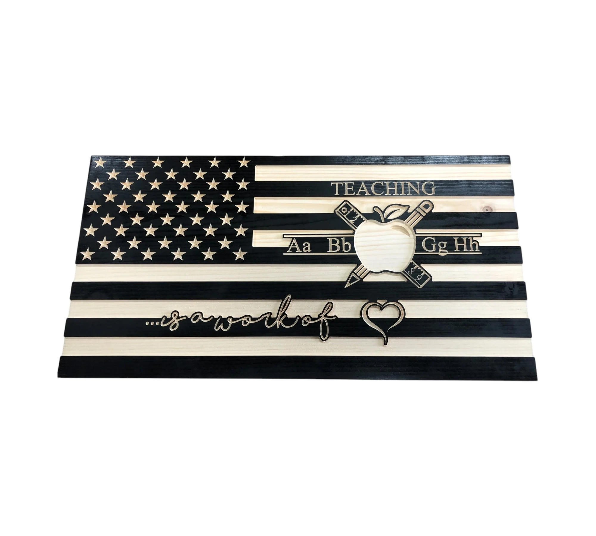 Teacher Appreciation Wooden American Flag with "Teaching is a Work of Heart" Engraving - Image 6