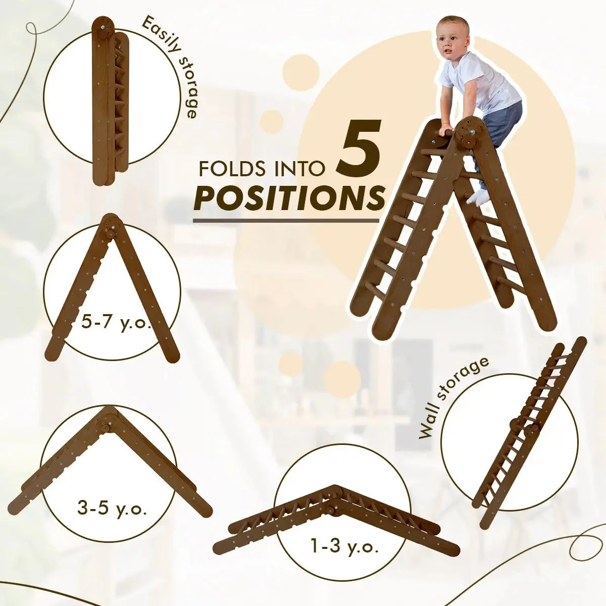 The 4in1 Montessori Climbing Set consists of: Triangle Ladder + Arch/Rocker + Slide Board/Ramp + Net – Chocolate - Image 2