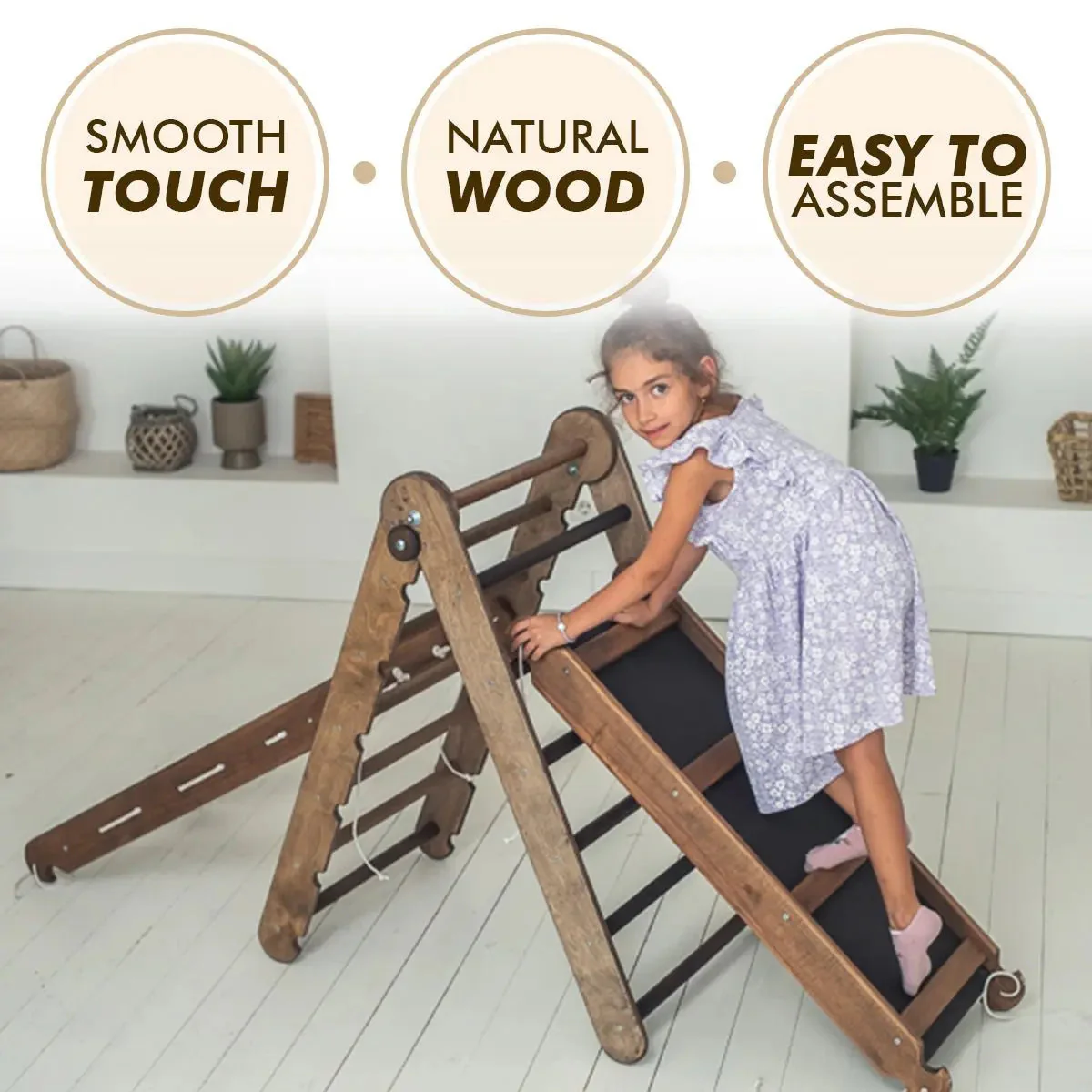 The 4in1 Montessori Climbing Set consists of: Triangle Ladder + Arch/Rocker + Slide Board/Ramp + Net – Chocolate - Image 7