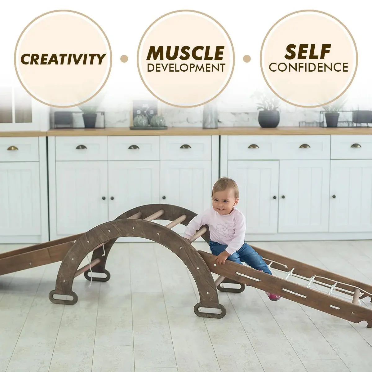 The 4in1 Montessori Climbing Set consists of: Triangle Ladder + Arch/Rocker + Slide Board/Ramp + Net – Chocolate - Image 8