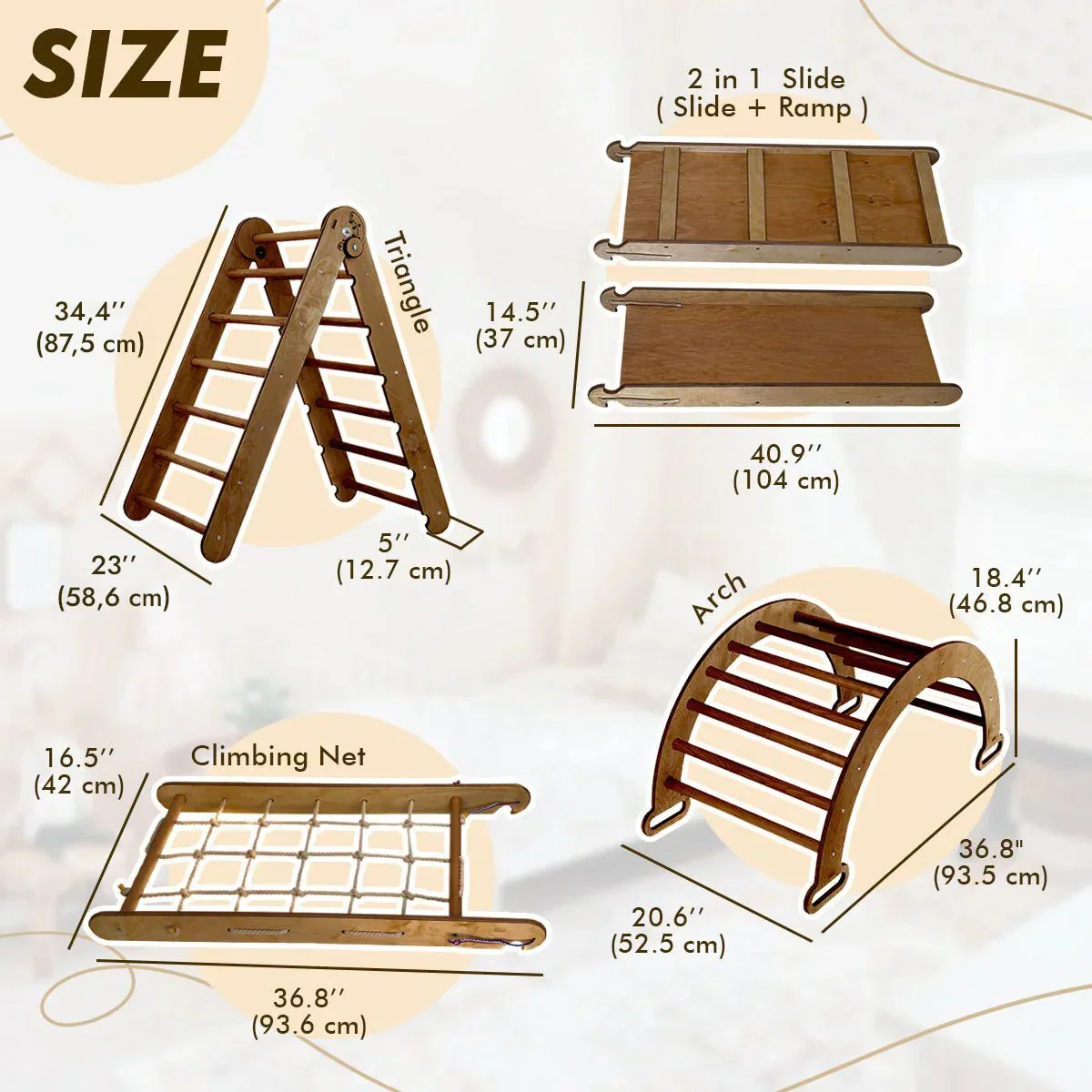 The 4in1 Montessori Climbing Set consists of: Triangle Ladder + Arch/Rocker + Slide Board/Ramp + Net – Chocolate - Image 9