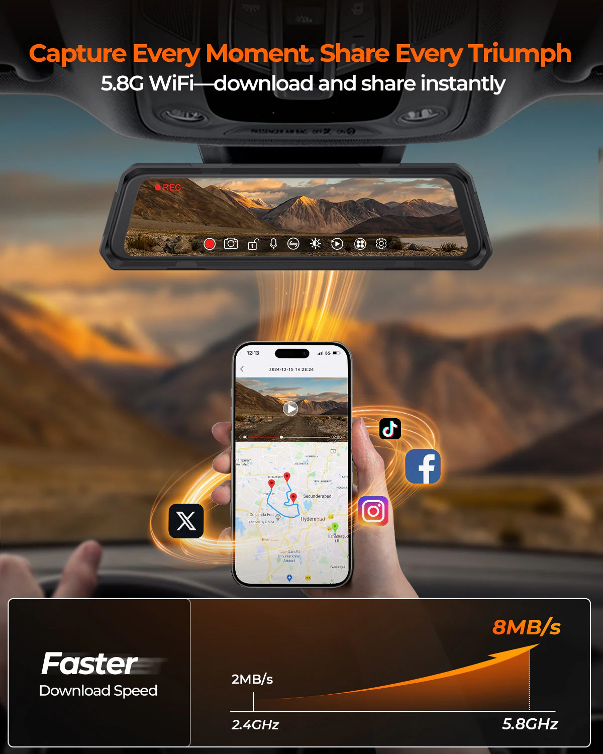 The Legend 4ch Waterproof Rear View Mirror Dash Cam with 1080P Front+ Rear+ Left/Right Side Cameras - Image 4