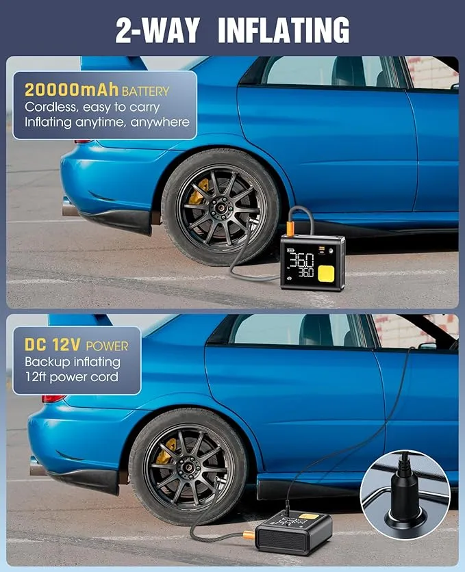 Tire Inflator Portable Air Compressor – 20000mAh – Smart Air Pump w/Digital Pressure Gauge – Auto Stop – 150PSI - Image 5