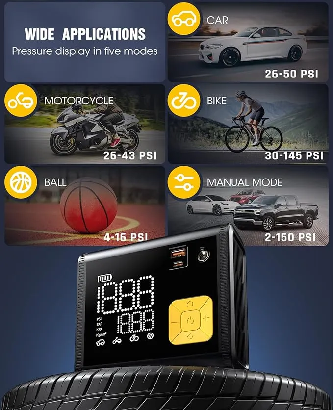 Tire Inflator Portable Air Compressor – 20000mAh – Smart Air Pump w/Digital Pressure Gauge – Auto Stop – 150PSI - Image 6