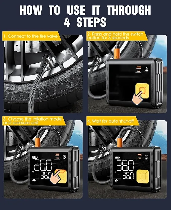 Tire Inflator Portable Air Compressor – 20000mAh – Smart Air Pump w/Digital Pressure Gauge – Auto Stop – 150PSI - Image 7