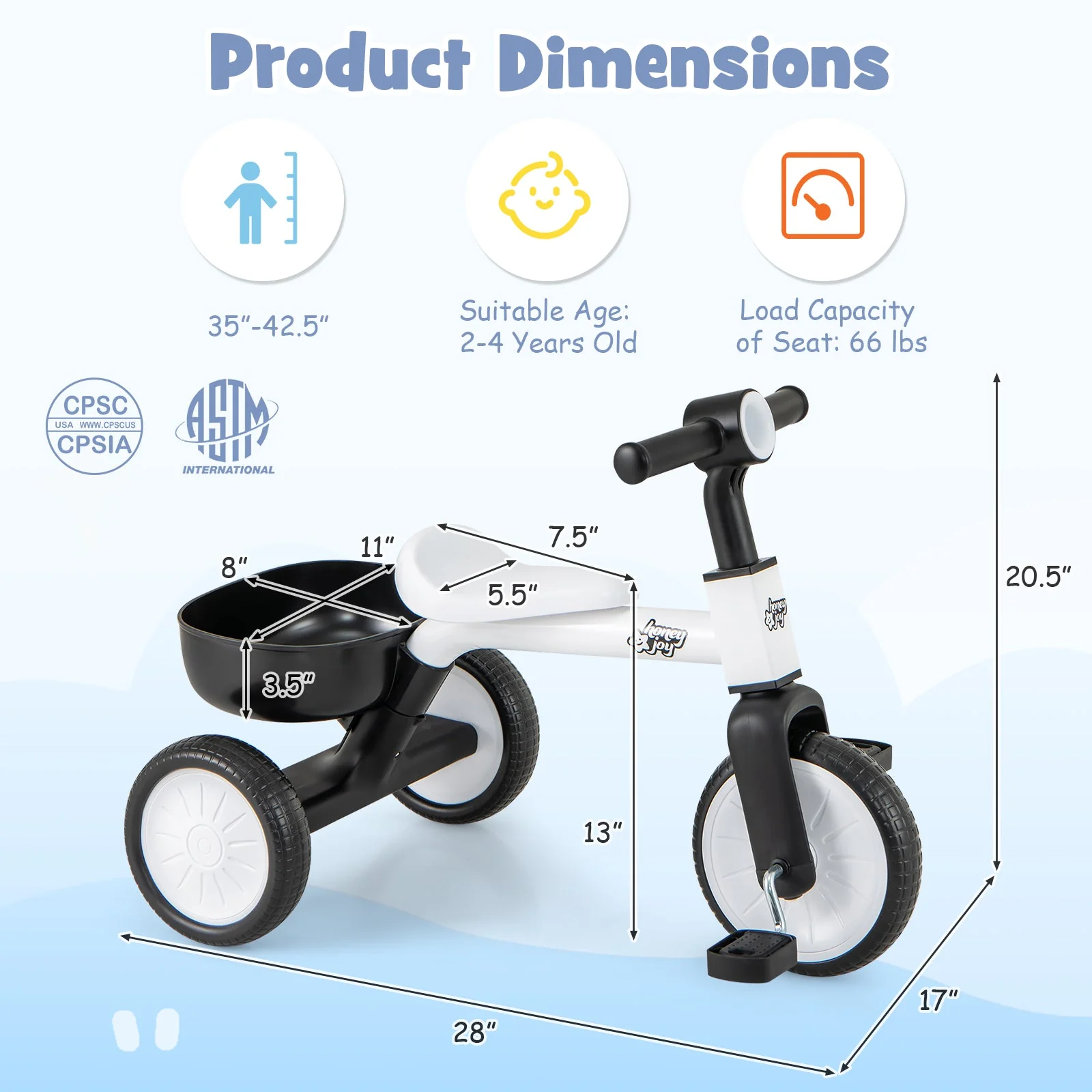 Toddler Convertible Trike with 86° Limited Steering Angle and Carbon Steel Frame-White - Image 5