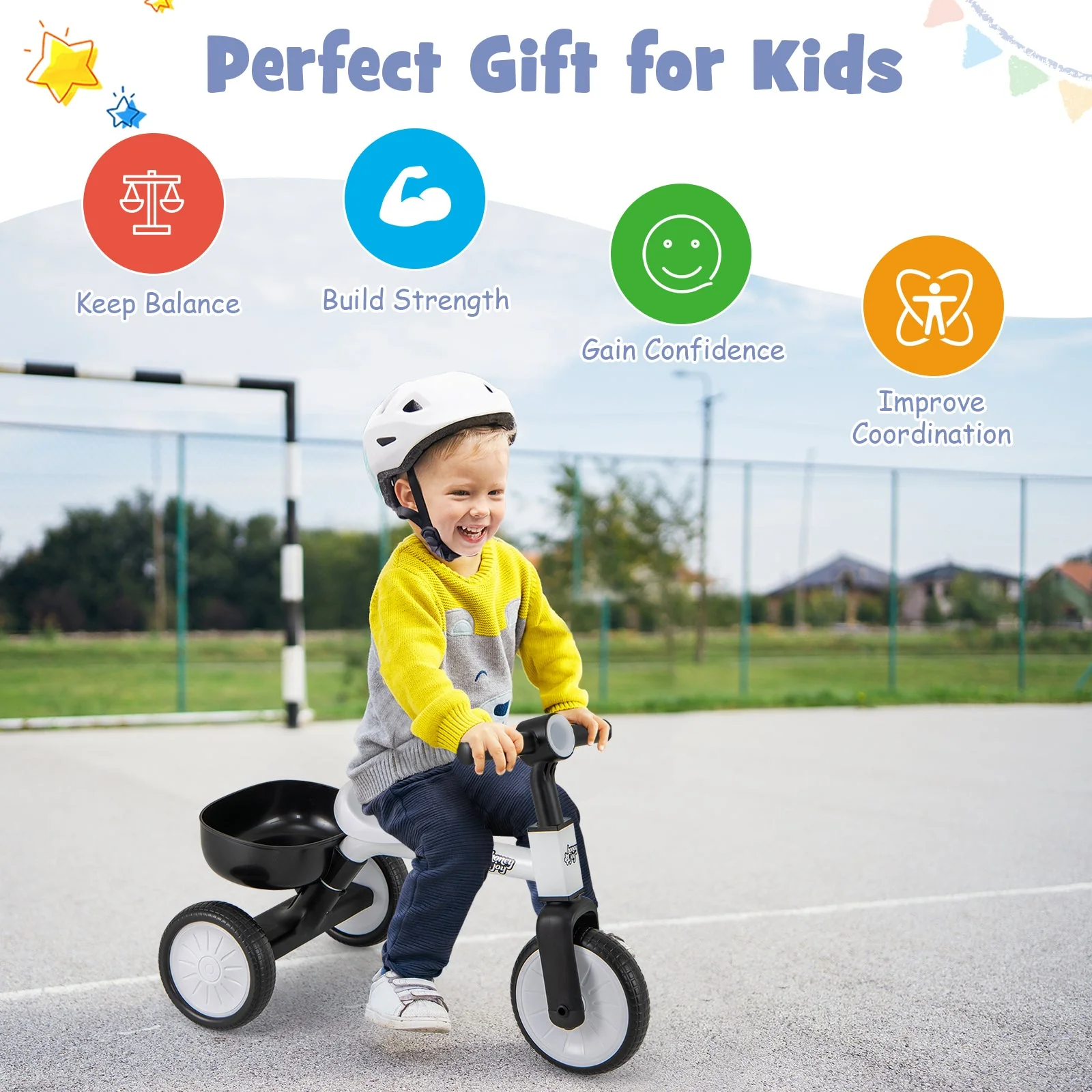 Toddler Convertible Trike with 86° Limited Steering Angle and Carbon Steel Frame-White - Image 6