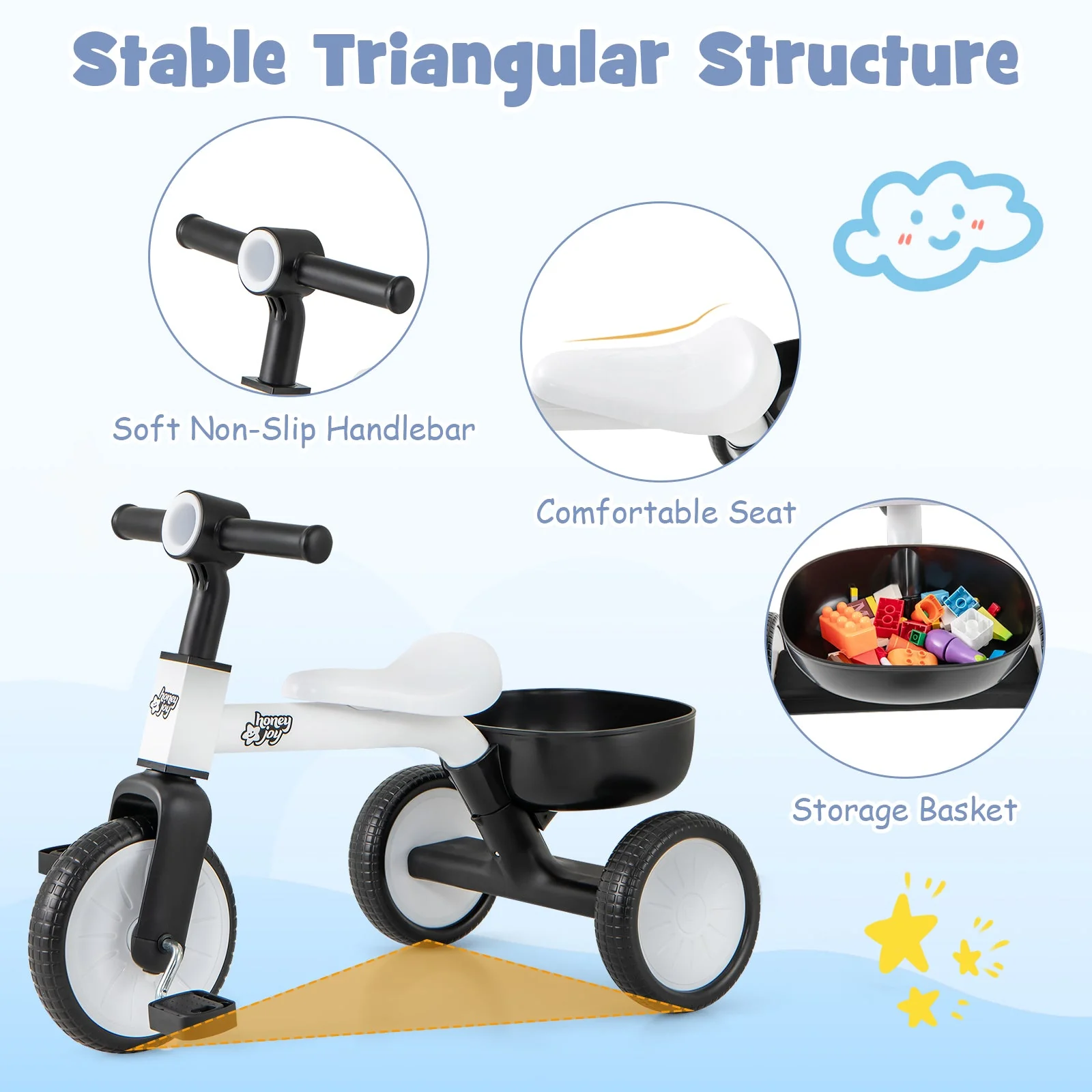 Toddler Convertible Trike with 86° Limited Steering Angle and Carbon Steel Frame-White - Image 8