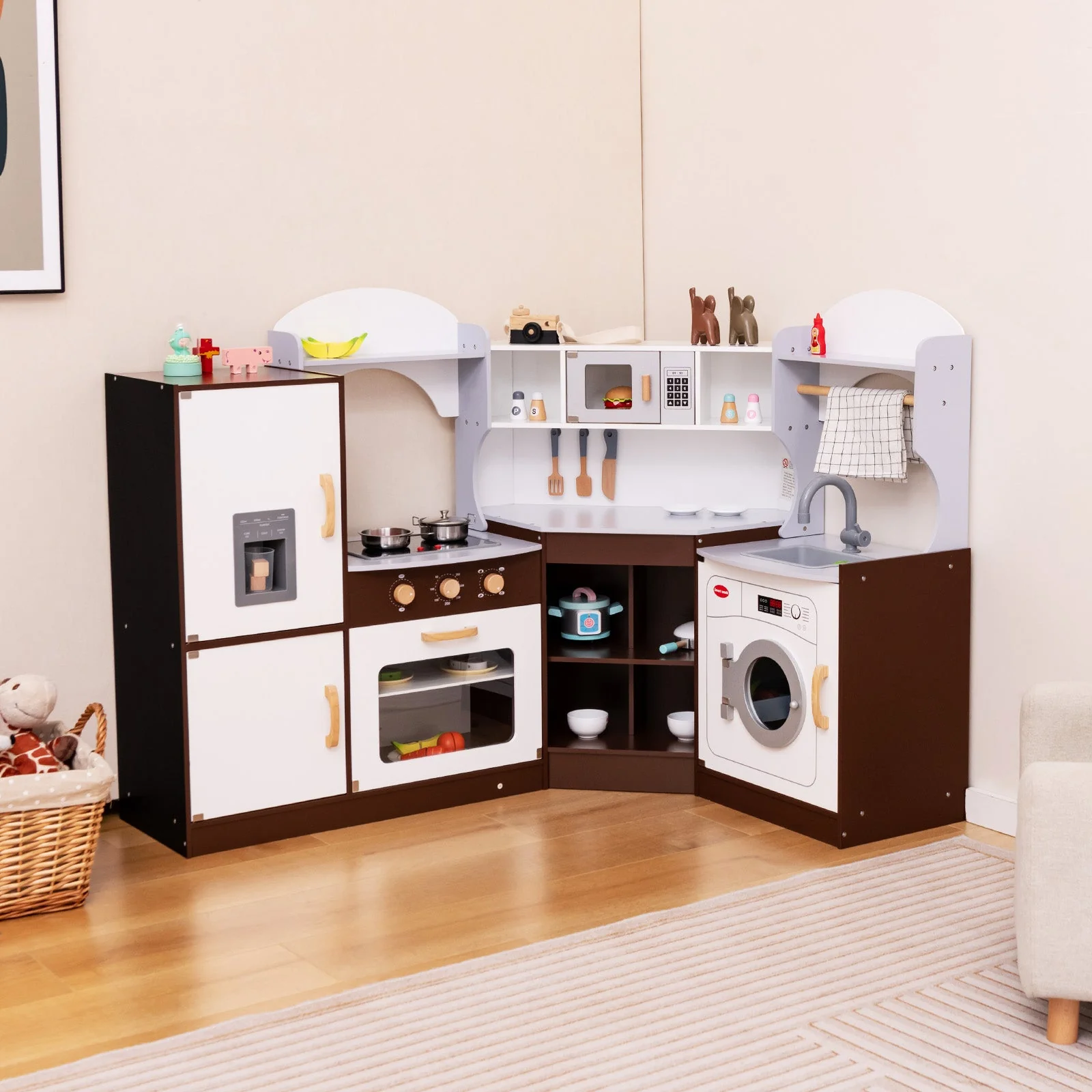 Toddler Kitchen Playset with Ice Maker Microwave Oven Sink and Washing Machine for Kids 3+ Years Old - Image 2