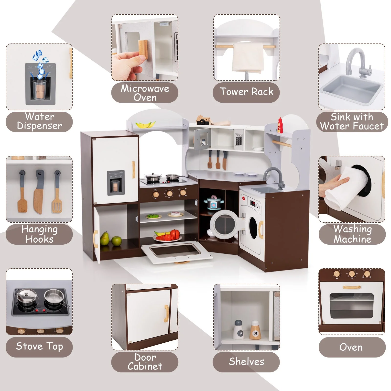 Toddler Kitchen Playset with Ice Maker Microwave Oven Sink and Washing Machine for Kids 3+ Years Old - Image 6