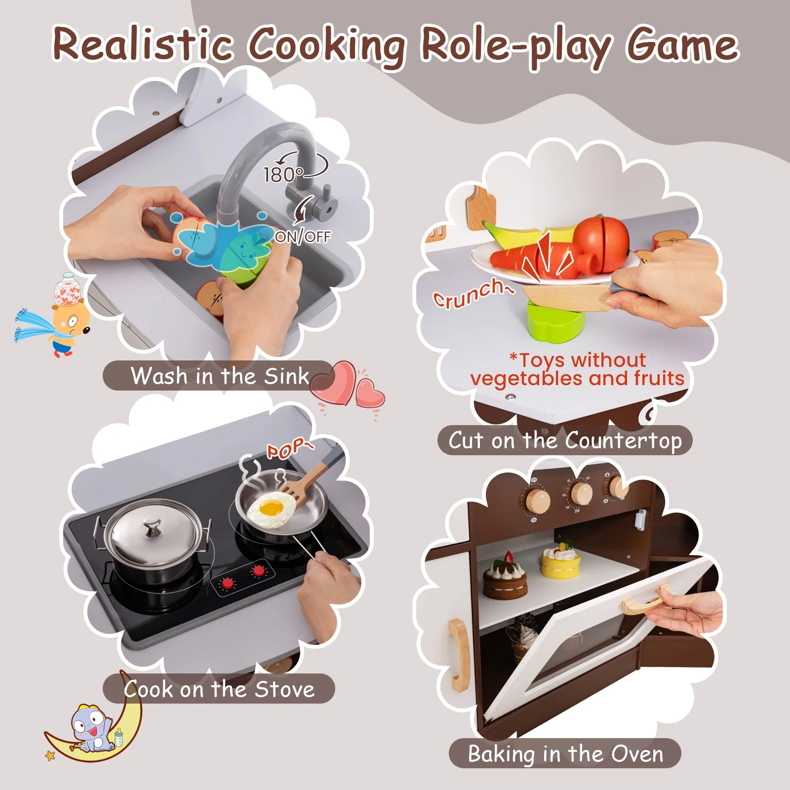 Toddler Kitchen Playset with Ice Maker Microwave Oven Sink and Washing Machine for Kids 3+ Years Old - Image 7