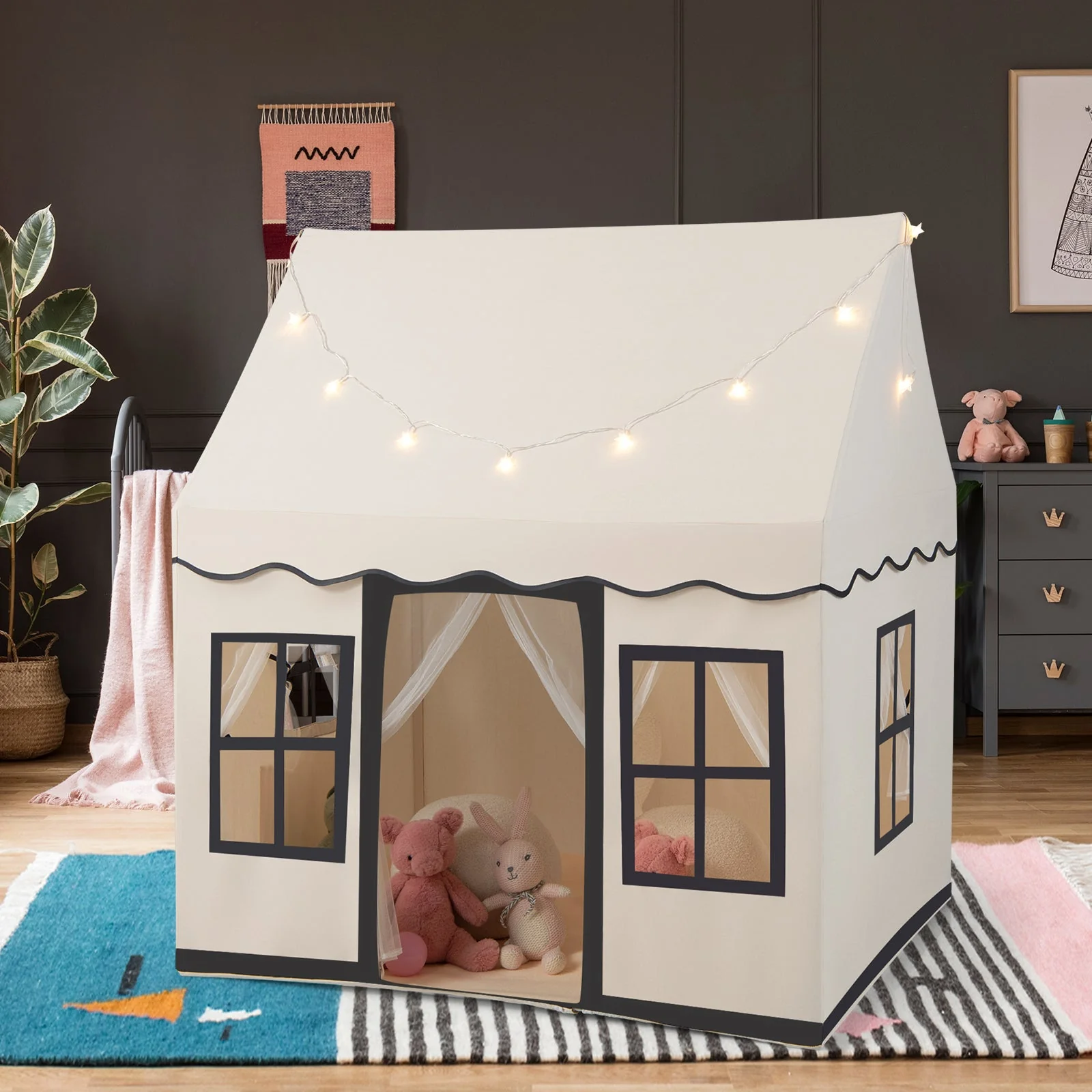 Toddler Large Playhouse with Star String Lights-Beige - Image 2