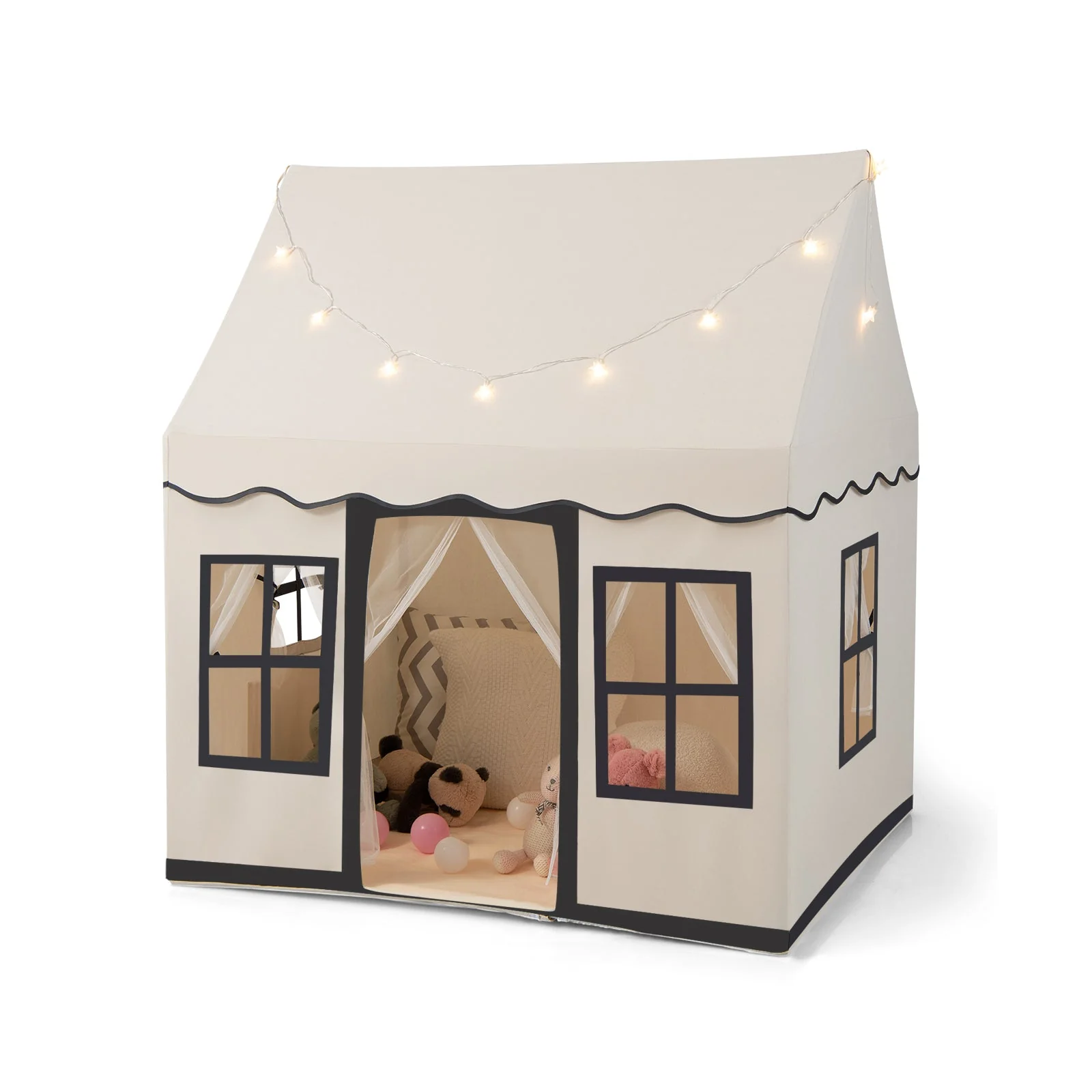 Toddler Large Playhouse with Star String Lights-Beige - Image 3