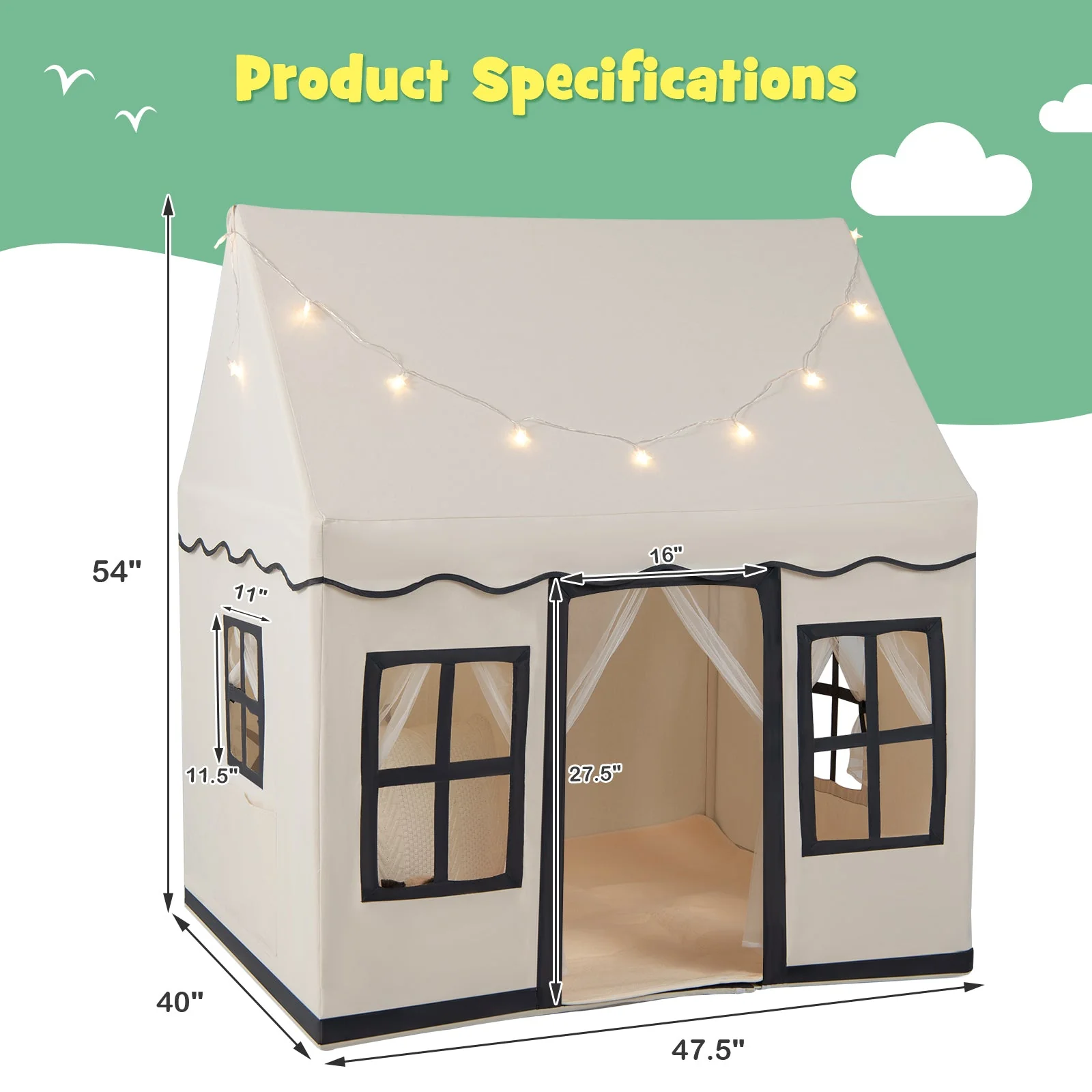 Toddler Large Playhouse with Star String Lights-Beige - Image 4