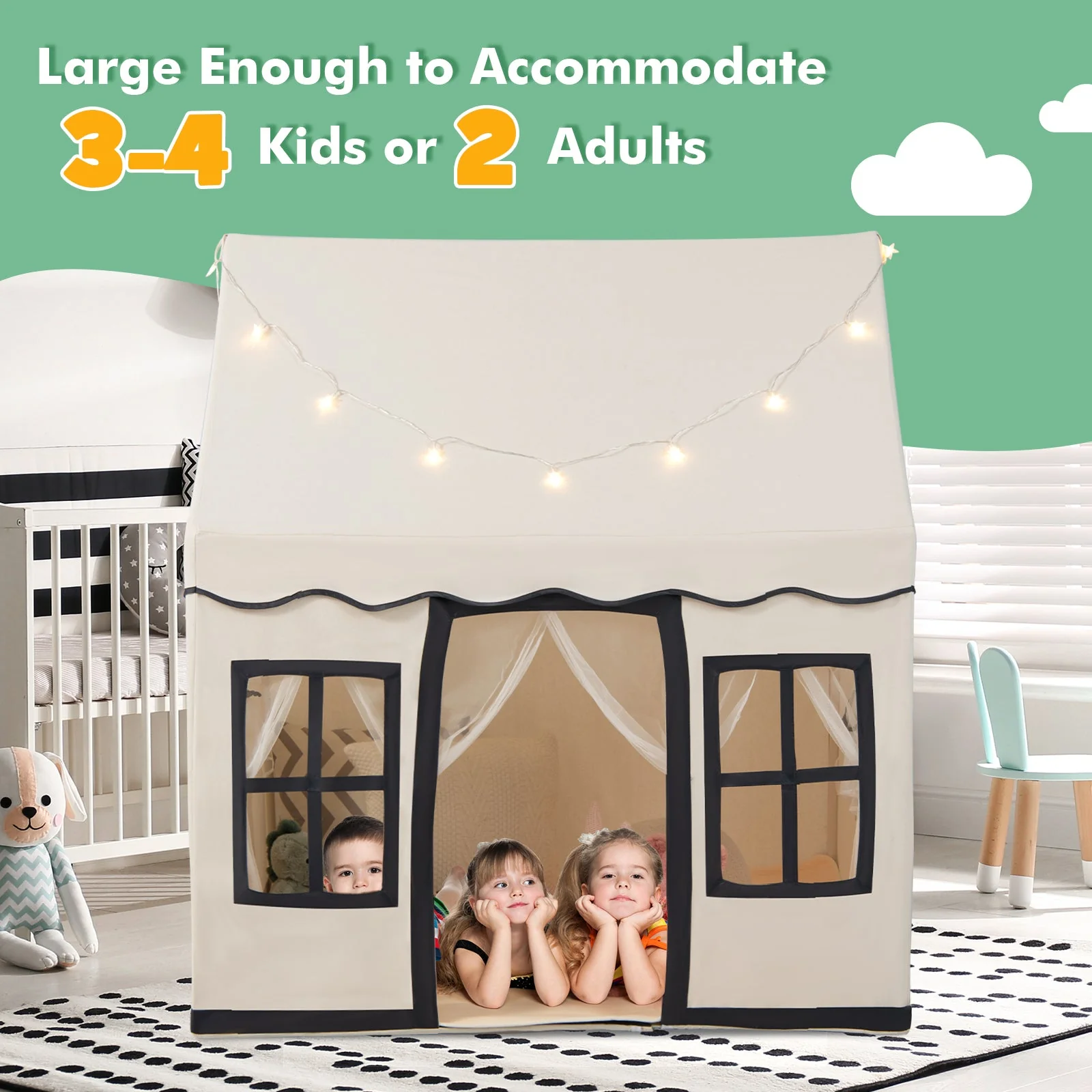 Toddler Large Playhouse with Star String Lights-Beige - Image 5