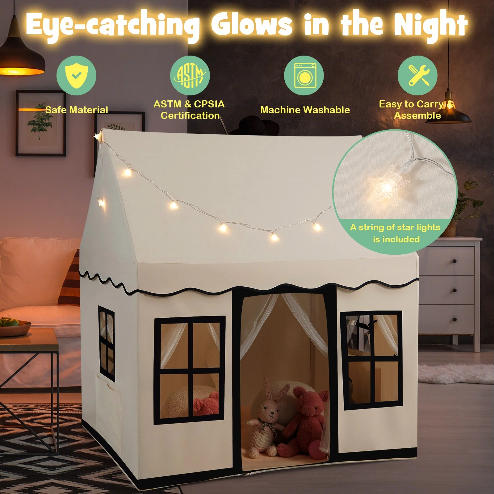 Toddler Large Playhouse with Star String Lights-Beige - Image 6