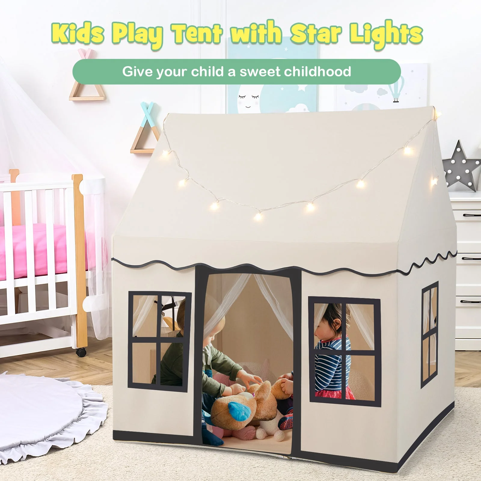 Toddler Large Playhouse with Star String Lights-Beige - Image 7