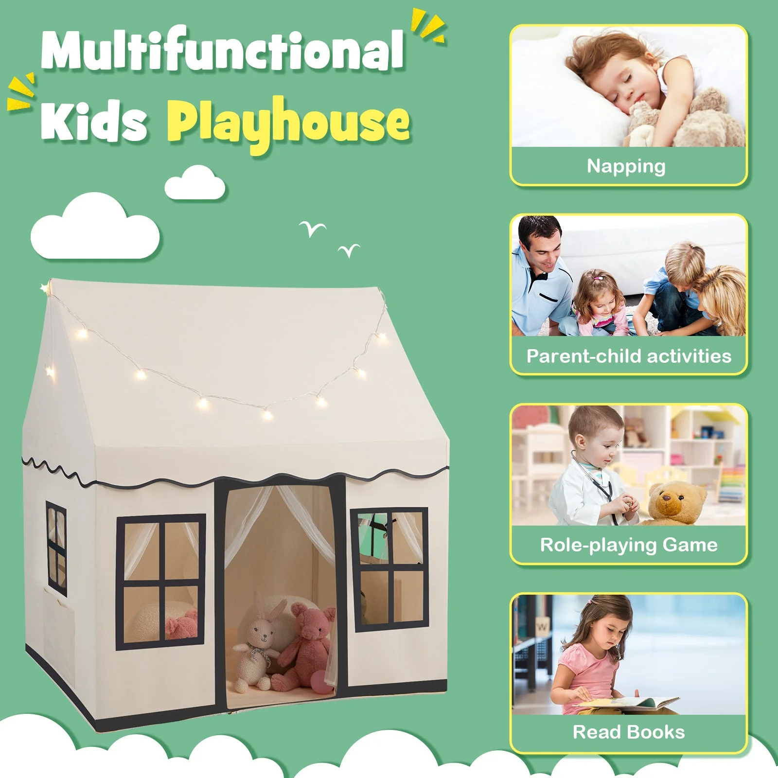 Toddler Large Playhouse with Star String Lights-Beige - Image 8