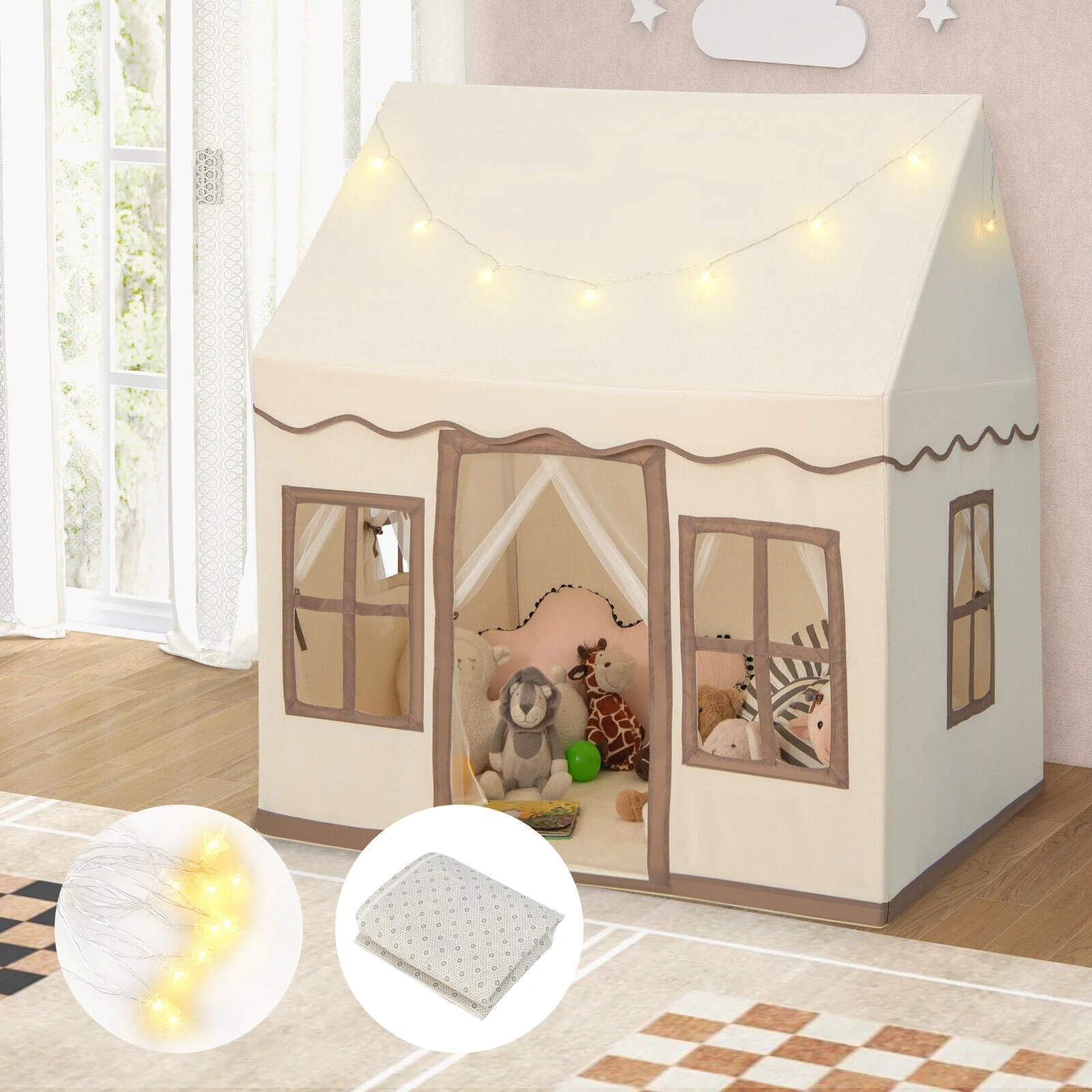 Toddler Large Playhouse with Star String Lights-Brown - Image 2
