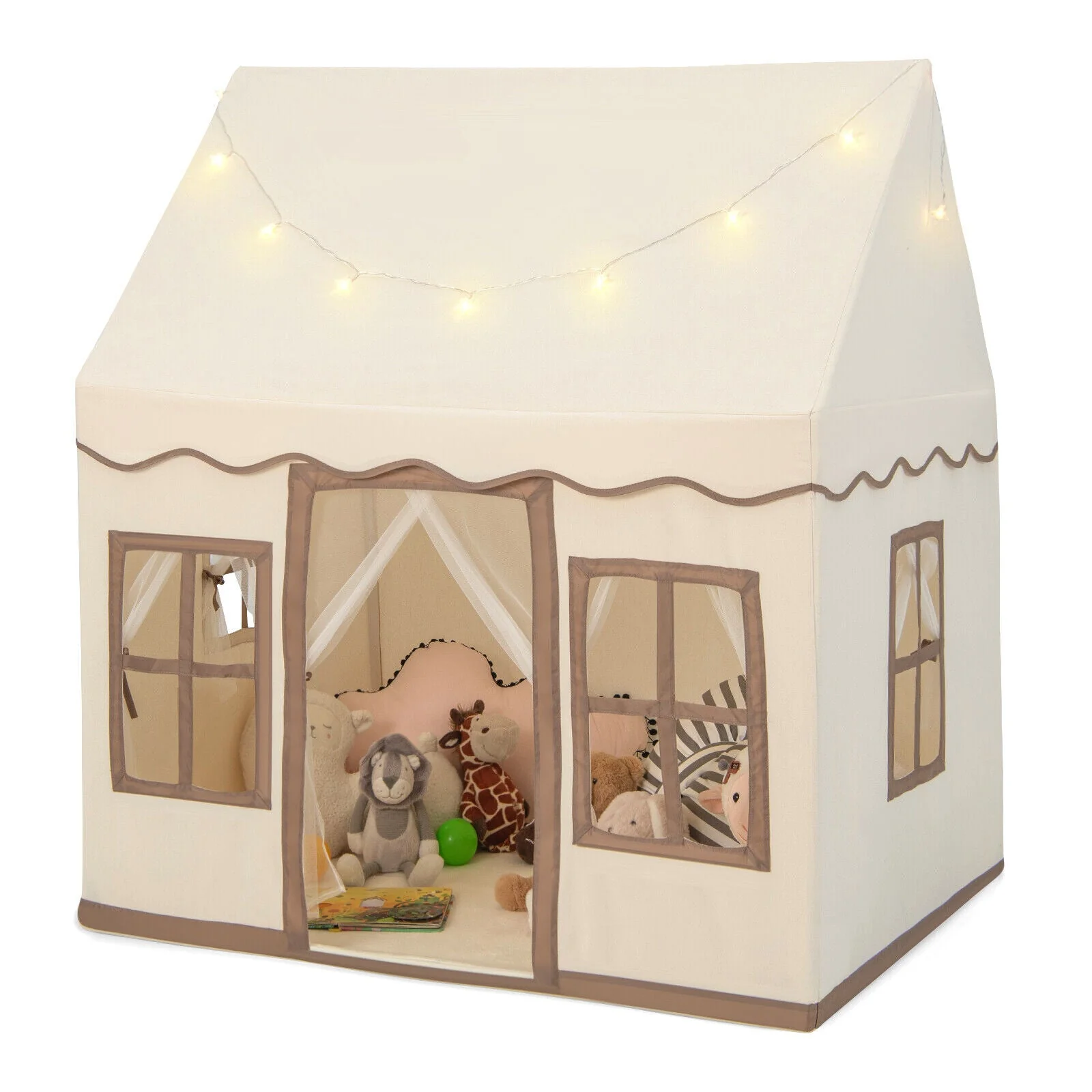 Toddler Large Playhouse with Star String Lights-Brown - Image 3