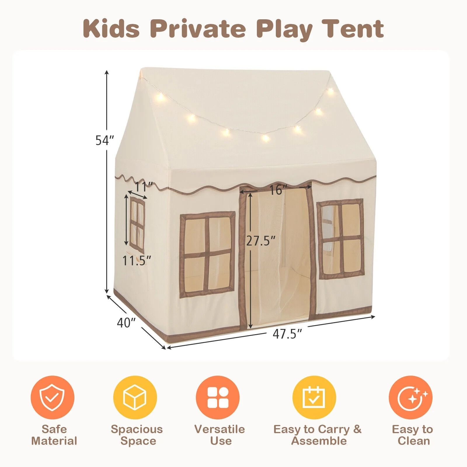 Toddler Large Playhouse with Star String Lights-Brown - Image 4