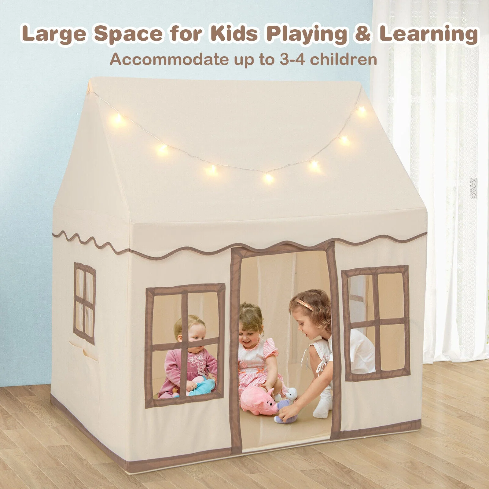 Toddler Large Playhouse with Star String Lights-Brown - Image 5