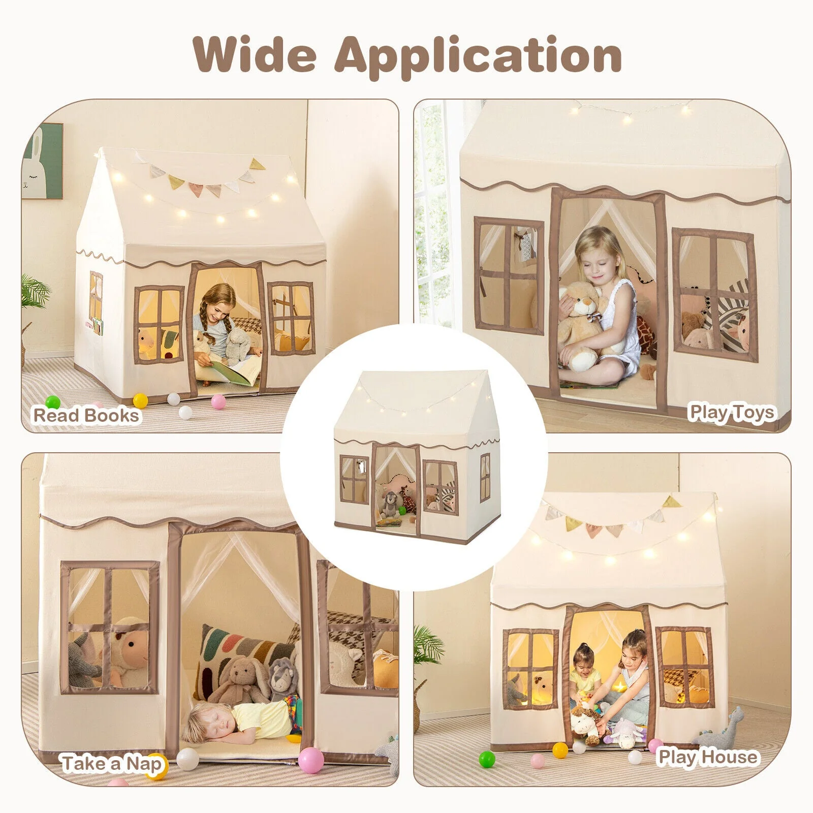 Toddler Large Playhouse with Star String Lights-Brown - Image 8