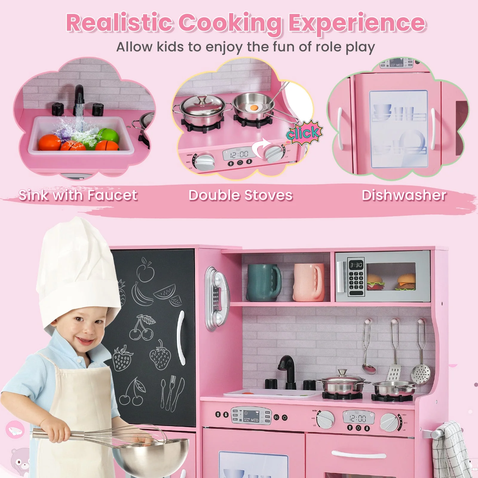 Toddler Pretend Play Kitchen for Boys and Girls 3-6 Years Old-Pink - Image 6