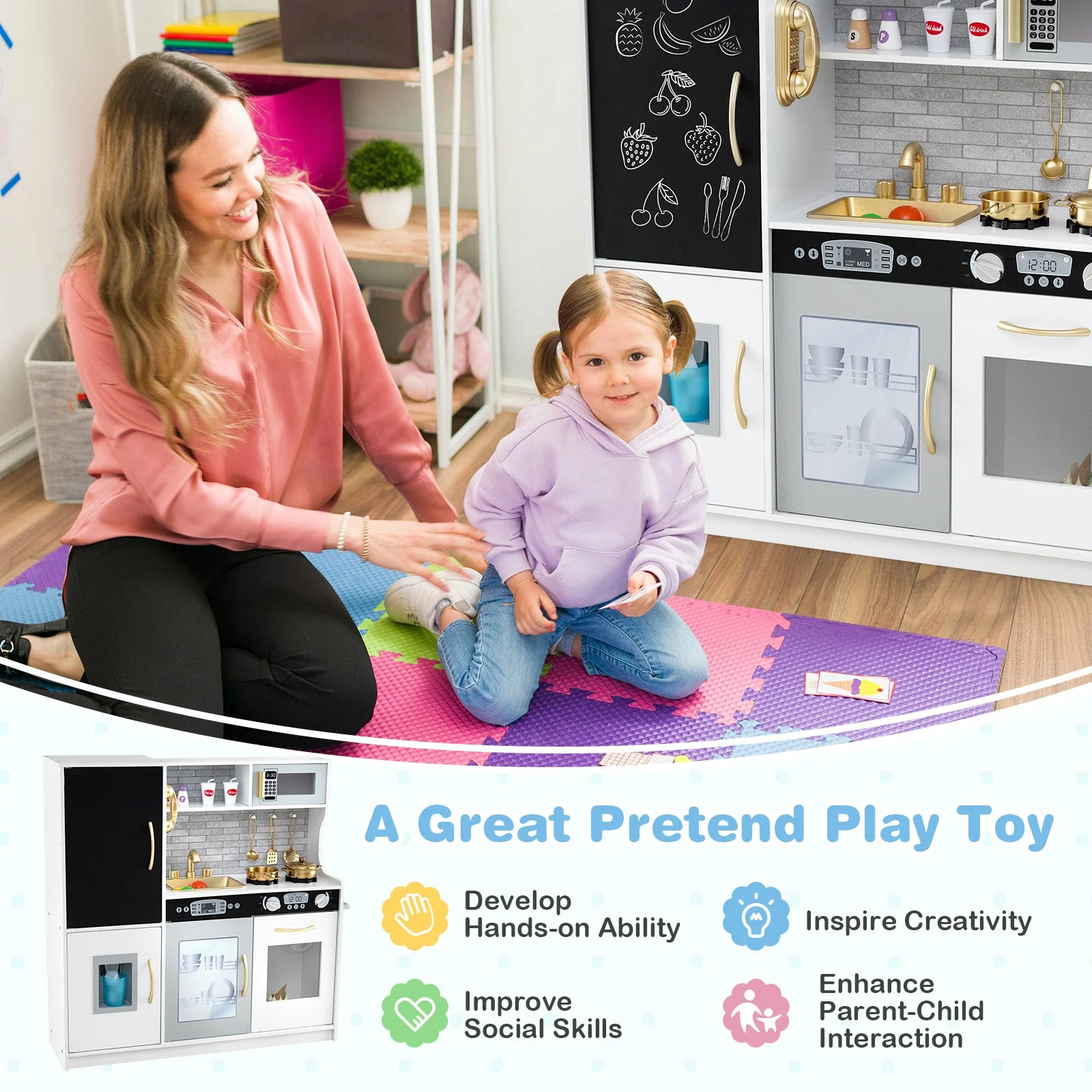 Toddler Pretend Play Kitchen for Boys and Girls 3-6 Years Old-White & Golden - Image 5