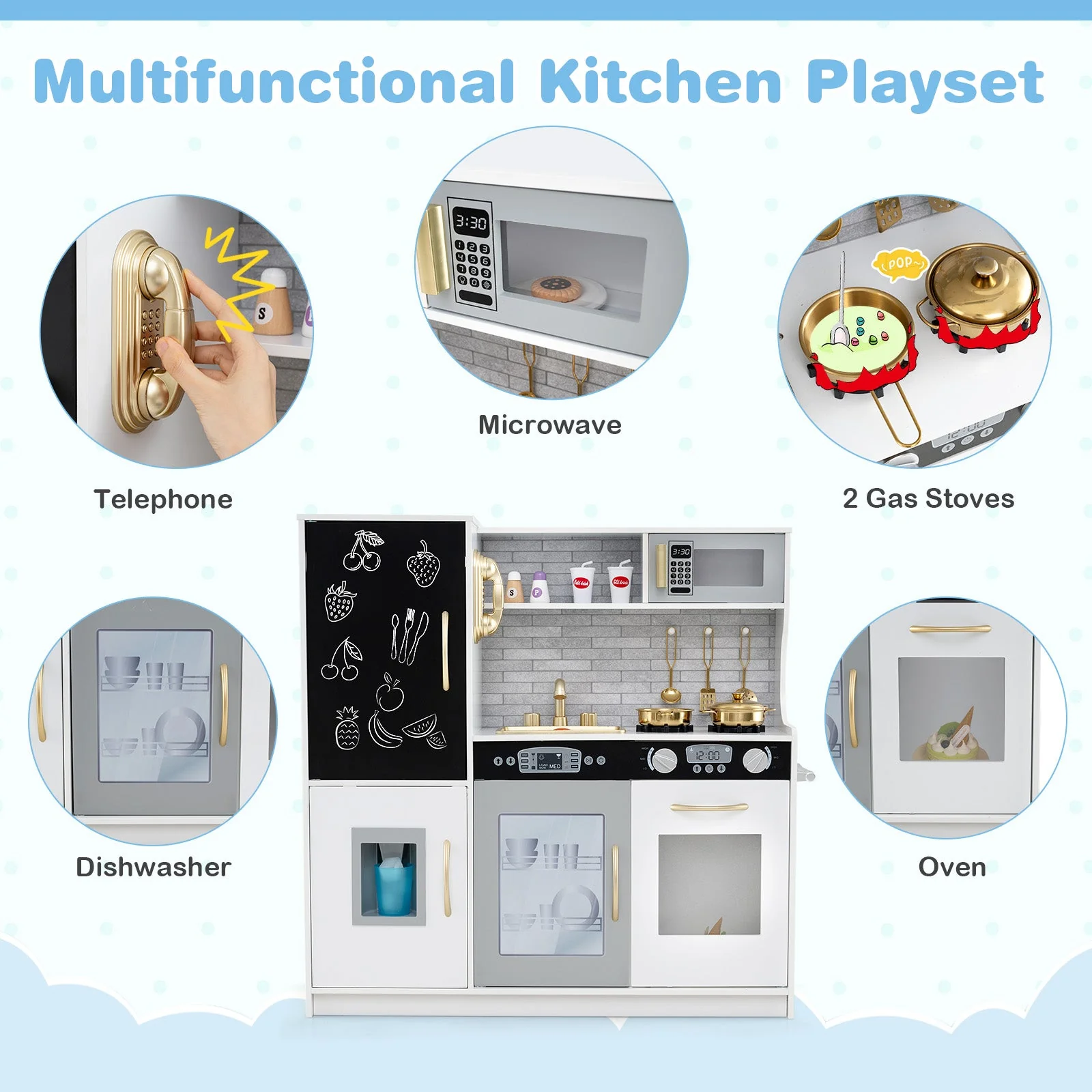Toddler Pretend Play Kitchen for Boys and Girls 3-6 Years Old-White & Golden - Image 7